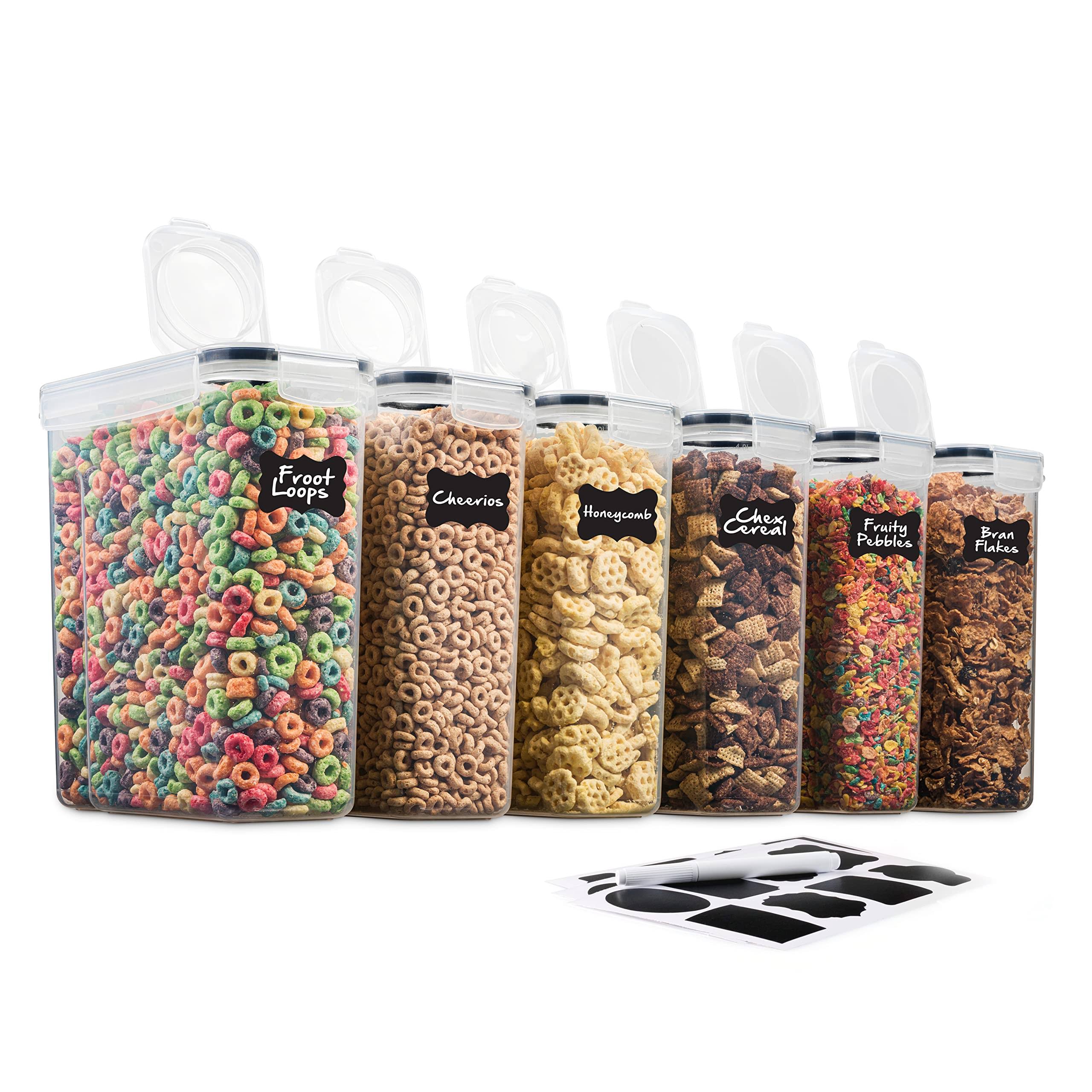6 Pack Airtight Cereal & Dry Food Storage Container - BPA Free Plastic Kitchen and Pantry Organization Canisters for, Flour, Sugar, Rice, Nuts, Snacks