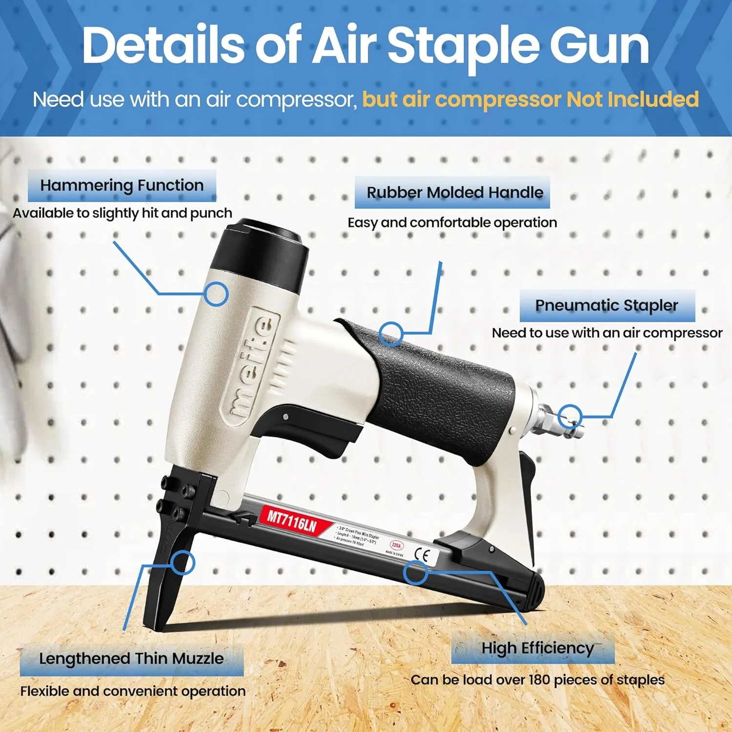 MEITE MT7116LN Pneumatic Staple Gun with Long Nose 22 Gauge 3/8 Crown 1/4 to 5/8 Length 71 Series