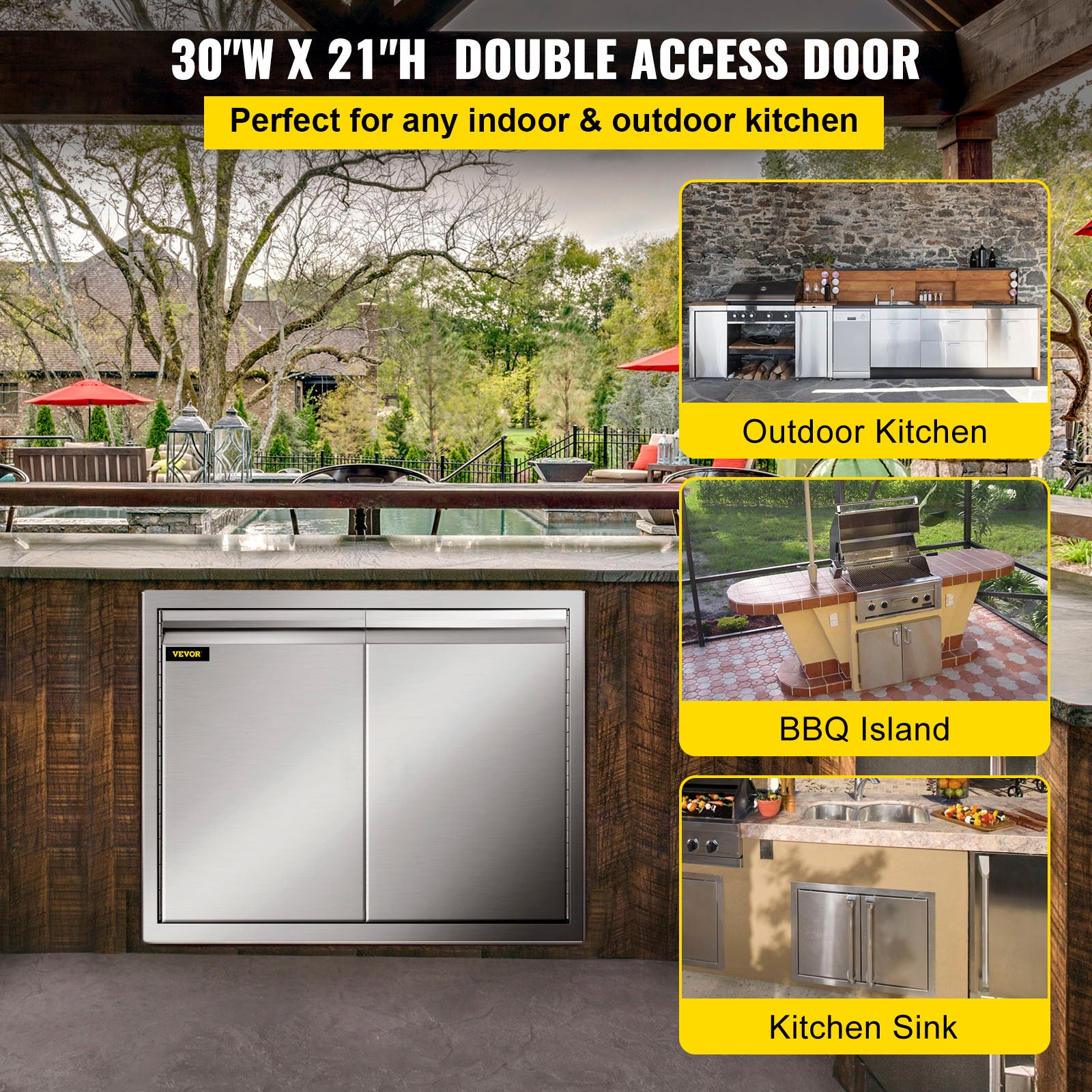Double Access Door. 30''Wx21''H Outdoor Kitchen Door. Double Wall Stainless Steel Outdoor Cabinets with Hooks. Brushed Steel Access Door BBQ Doors. Easy to Install for BBQ Island Grill Station