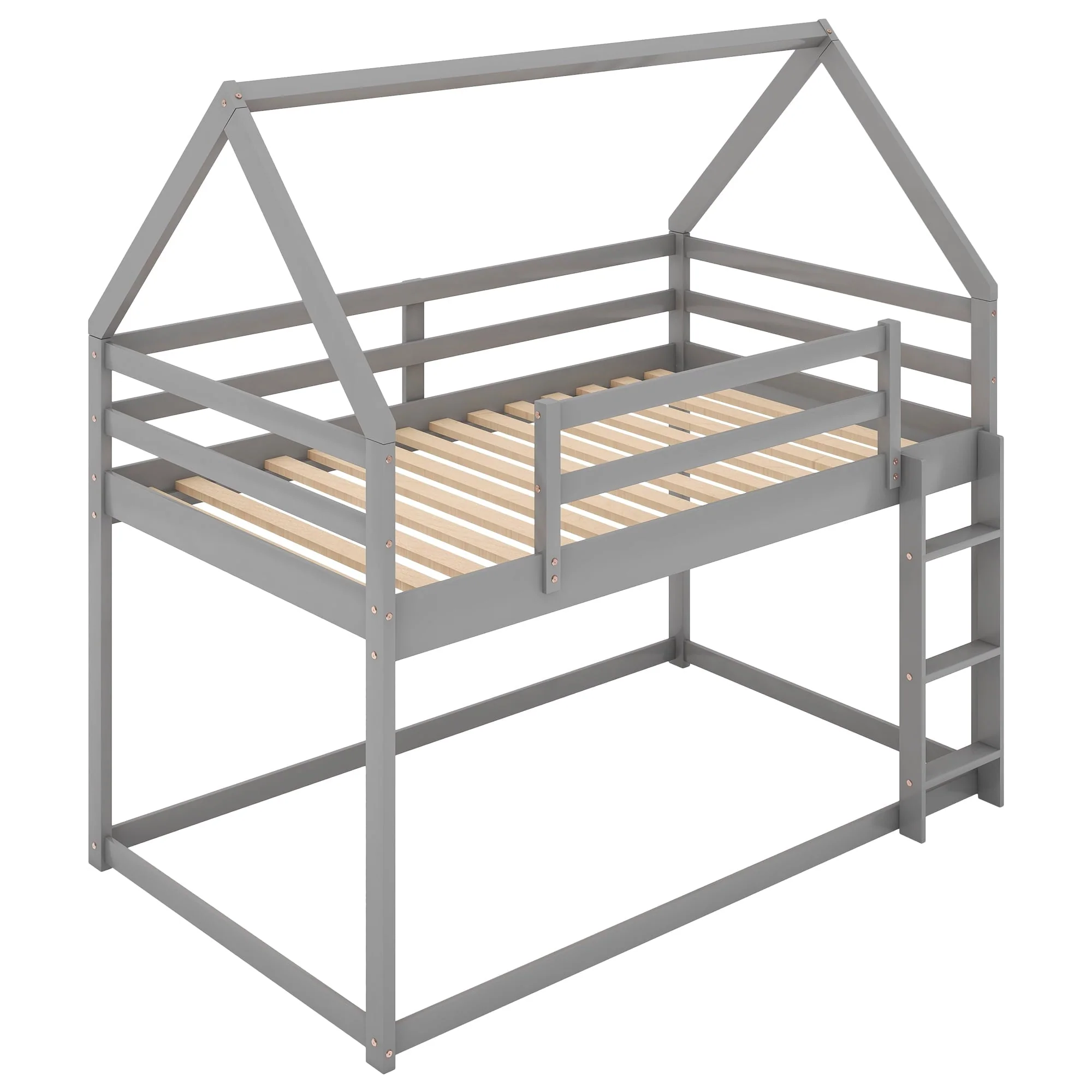 Euroco Twin over Twin House Bed, Low Bunk Bed for Kid's Room, Gray