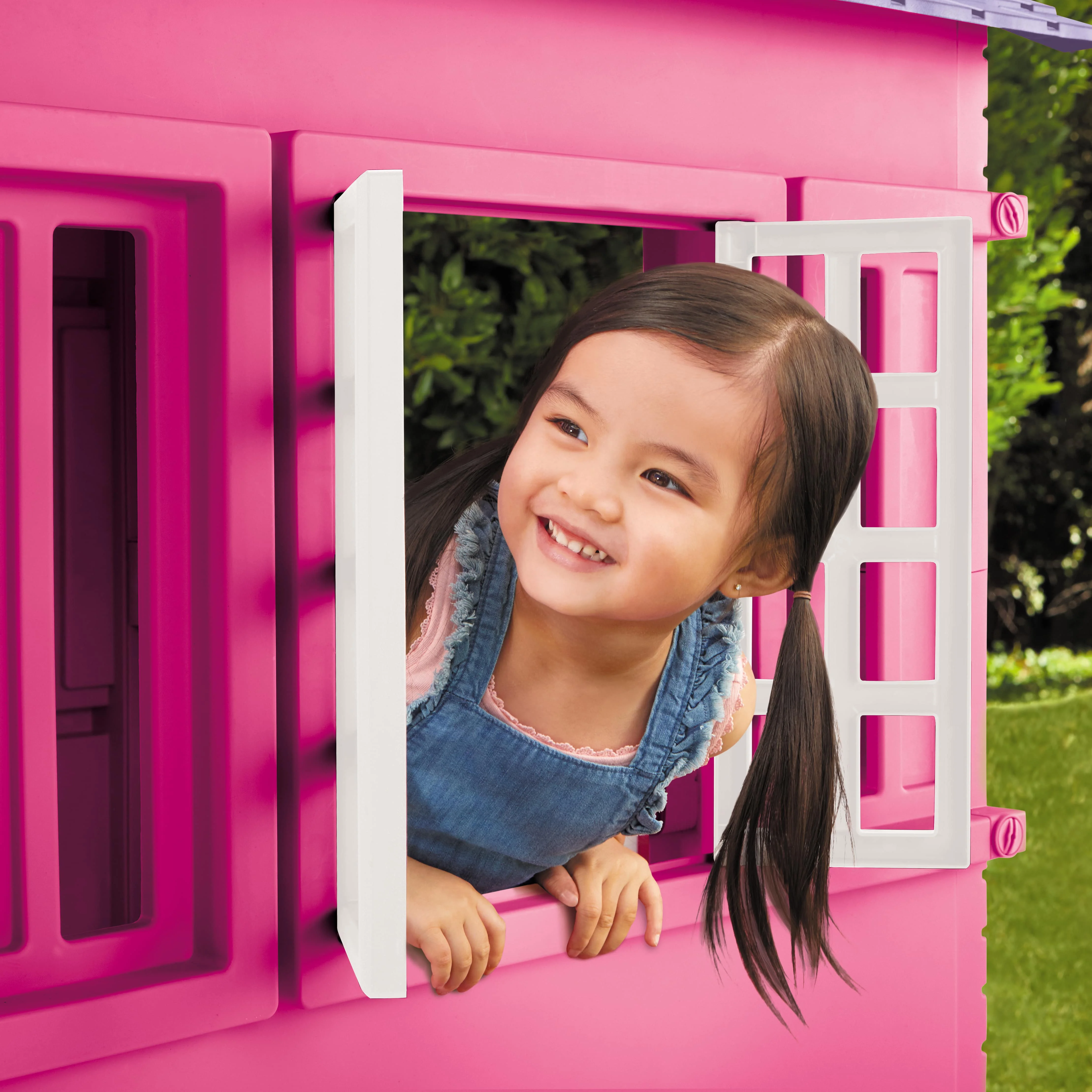 Cape Cottage House, Pink Pretend Playhouse with Working Doors, Window Shutters, and Flag Holder, for Kids 2-8 Years Old - Image 5