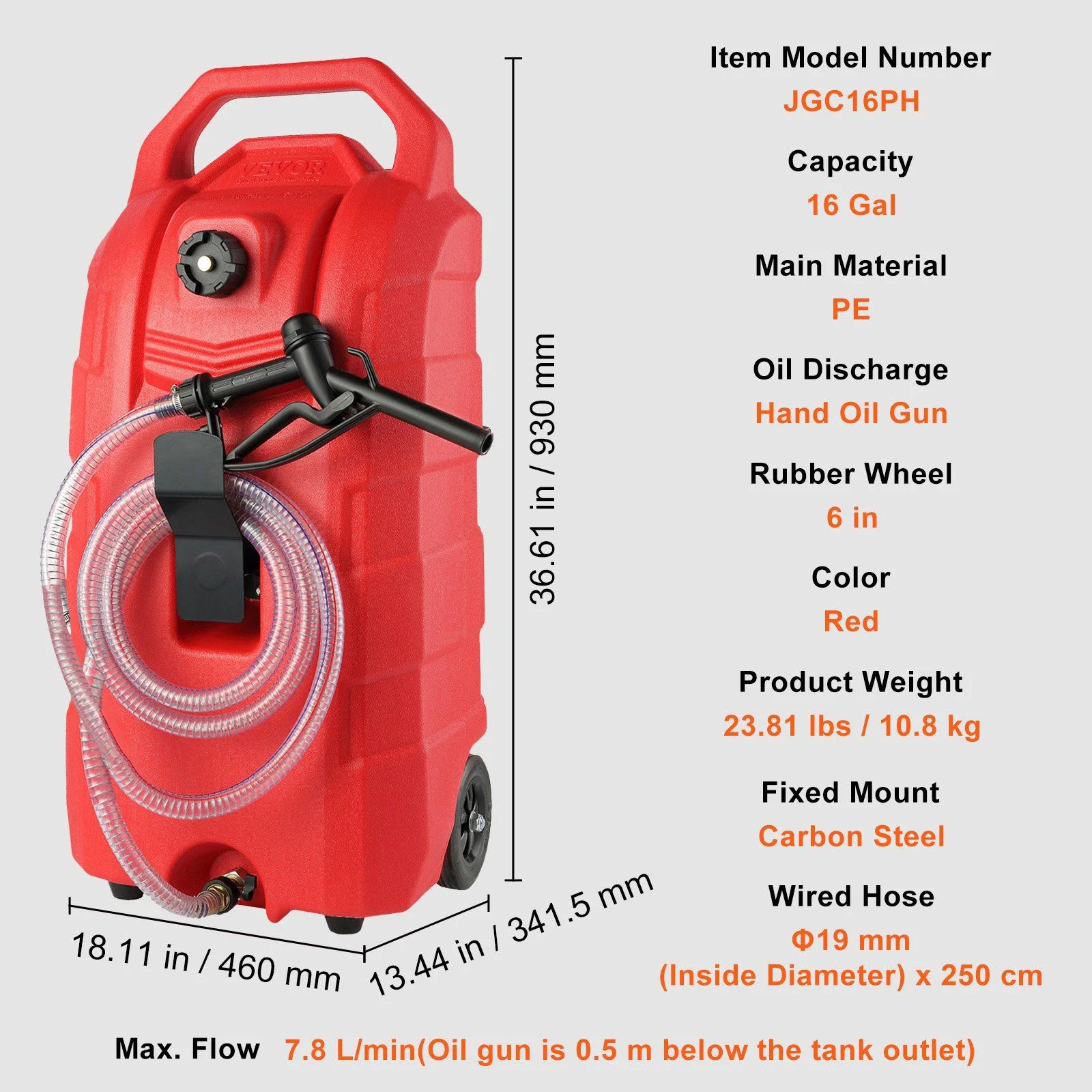 16-Gallon Fuel Caddy with Hand Pump 7.8 L/Min Flow Rate, Rubber Wheels Metal Hose Portable Gas/Diesel Storage Tank for Cars, Mowers, Boats, Tractors - Image 7