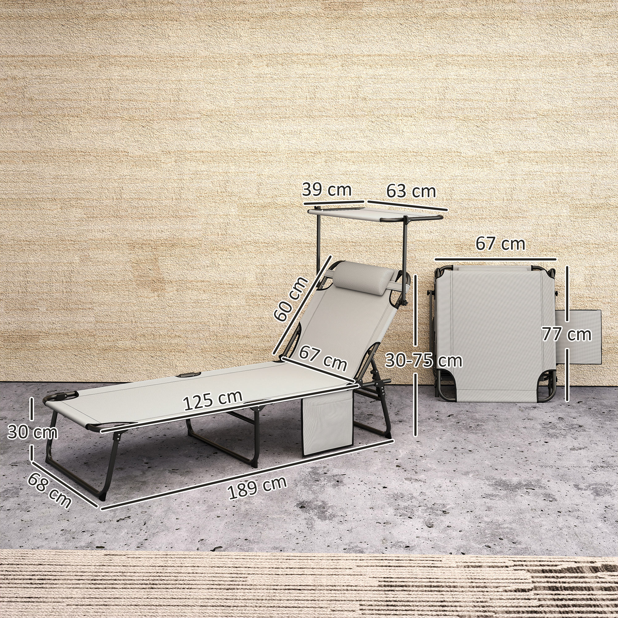Outsunny Opvouwbare Tuinligstoel met Zonnedak en Matrasje, Ligstoel met 4 Standen Verstelbare Rugleuning Lichtgrijs