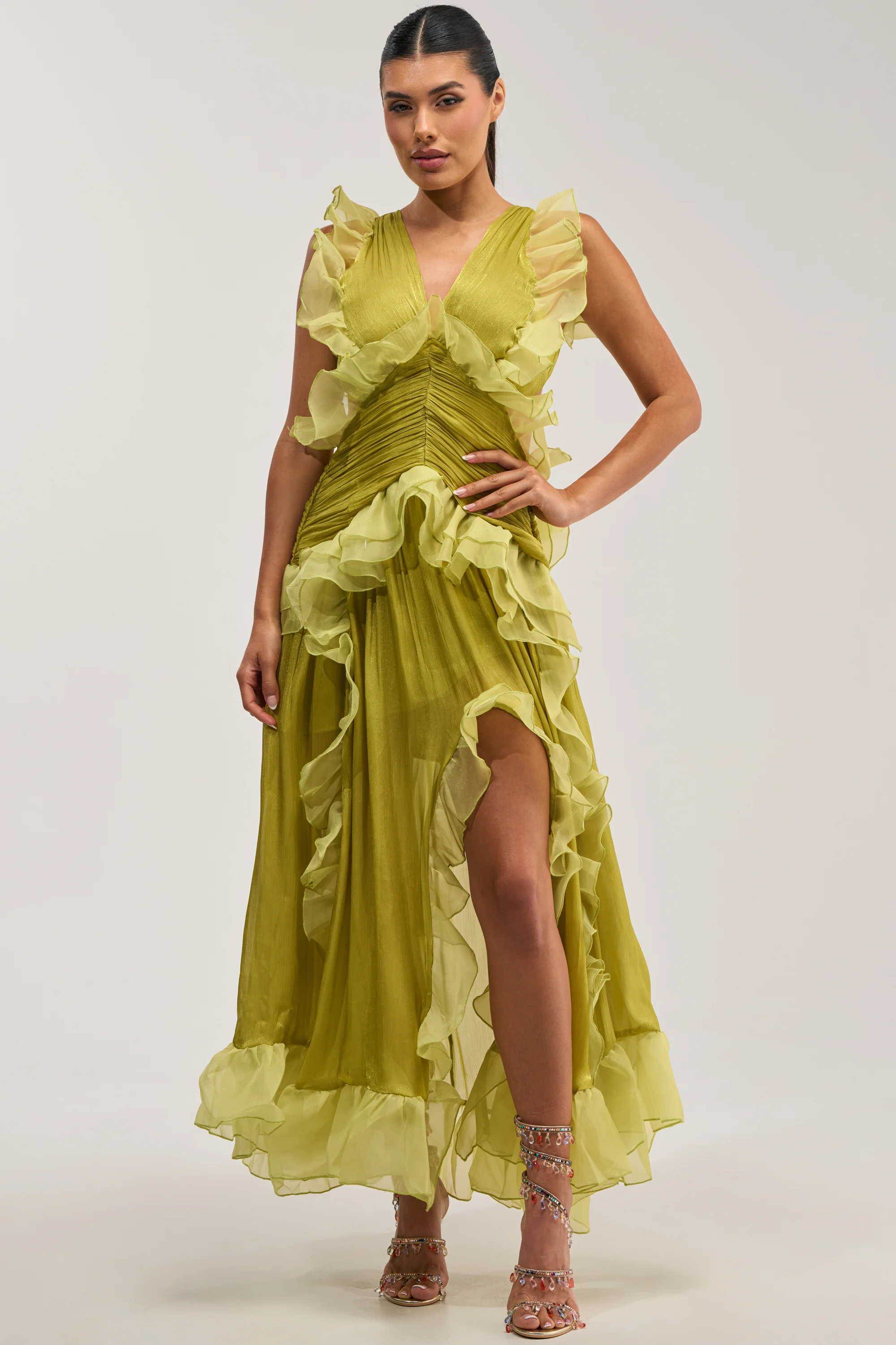 BEAUTIFUL GIRL FLOCKED CHIFFON MAXI DRESS IN GREEN - Akira Store