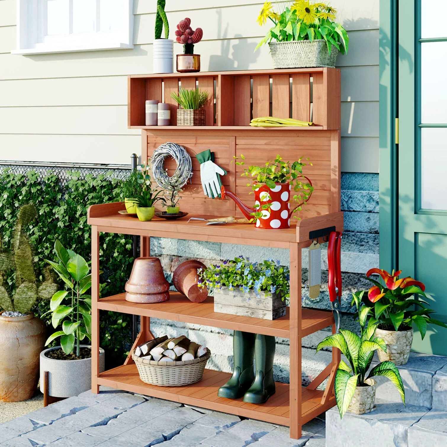 65 Large Outdoor Potting Bench Table, Wooden Farmhouse Rustic Patio Workstation with 4 Storage Shelves and Side Hook, Garden Potting Bench Station, Natural
