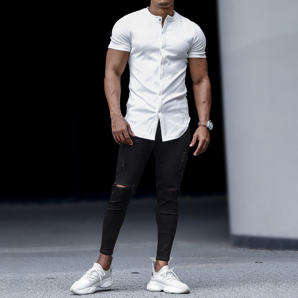 Chemise homme décontractée, coupe slim, couleur unie, manches courtes, cardigan en pur coton à col montant