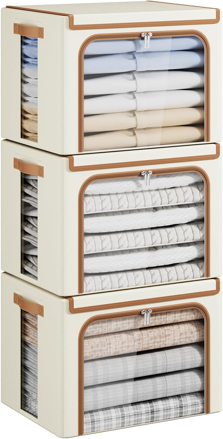 Yecaye Clothes Storage Bins with Lids & Clear Window, Beige, 40L, 3 Pack