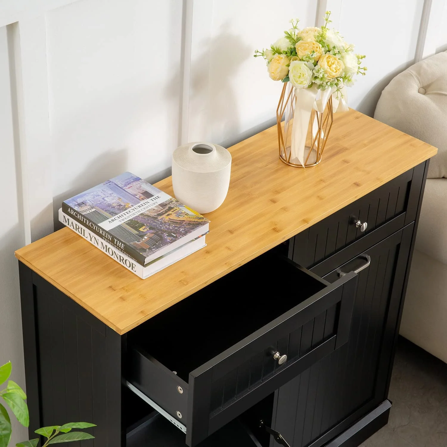 Kitchen Trash Cabinet Double Tilt Out Trash Cabinet with 2 Hideaway Drawers, Solid Wood Tabletop Free Standing Recycling Cabinet Pet Proof Trash Can Holder with Storage, Black(Black) Image 5