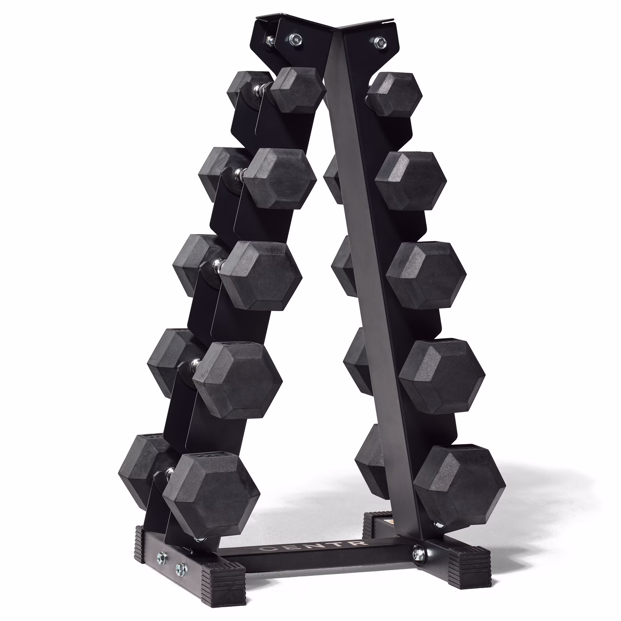 150 lb Rubber Hex Dumbbell Set with Rack, 5-25 lb Weights, Black