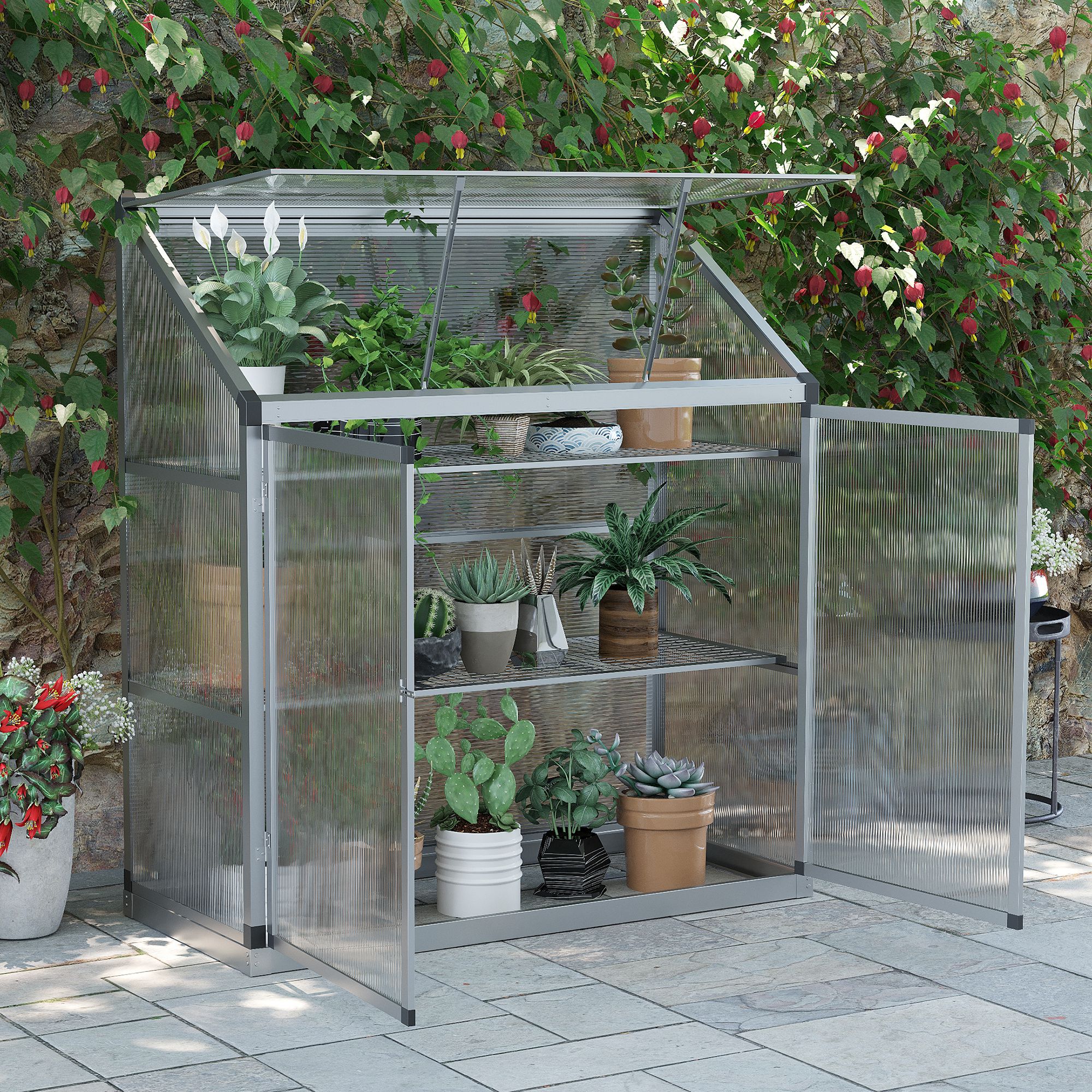 Outsunny serre met funderingsframe, behuizing van polycarbonaat, 2 planken, aluminium frame, 131 x 58 x 139,5 cm