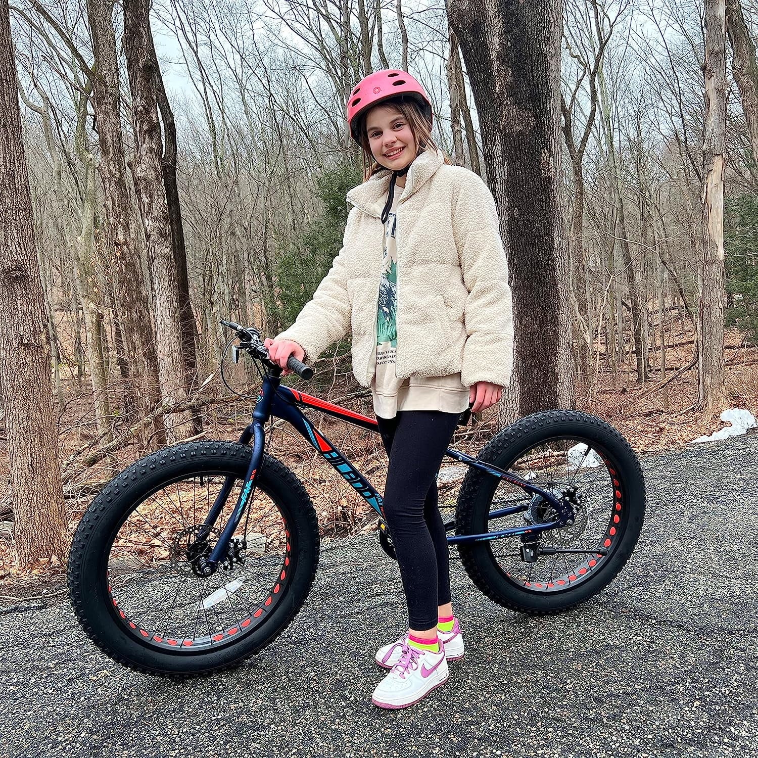 Hiland Fat Tire Bike, Shimano 7-Speed, Dual-Disc Brakes, 24 inch Trail Mountain Bike, Blue