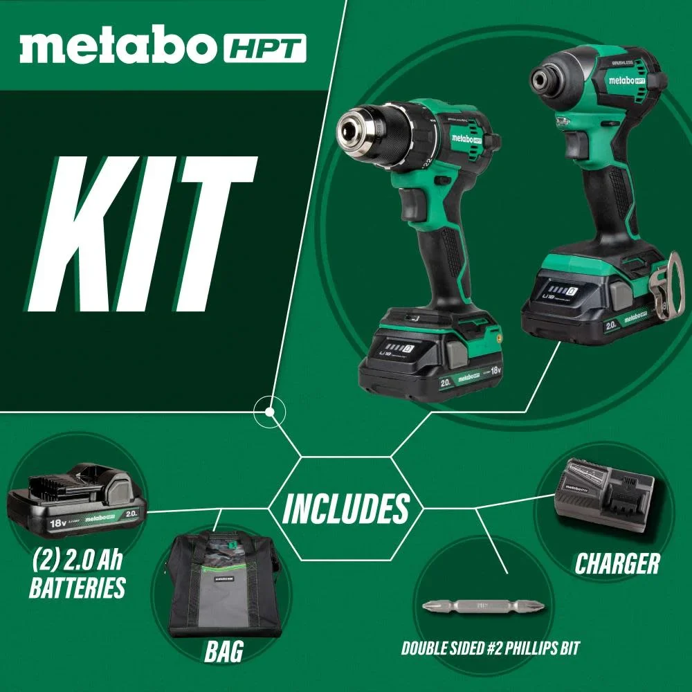 Metabo HPT 18V MultiVolt Cordless Brushless Driver Drill & Impact Driver Combo Kit, Includes 2 Lithium-Ion Batteries, Case and Charger, KC18DEXQB