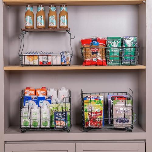 Wetheny 2pcs Fruit Basket Onion Storage Wire Basket With Wood Top- Wall Mounted & Stackable Kitchen Counter Organizer,Cabinet Organizer Bin For
