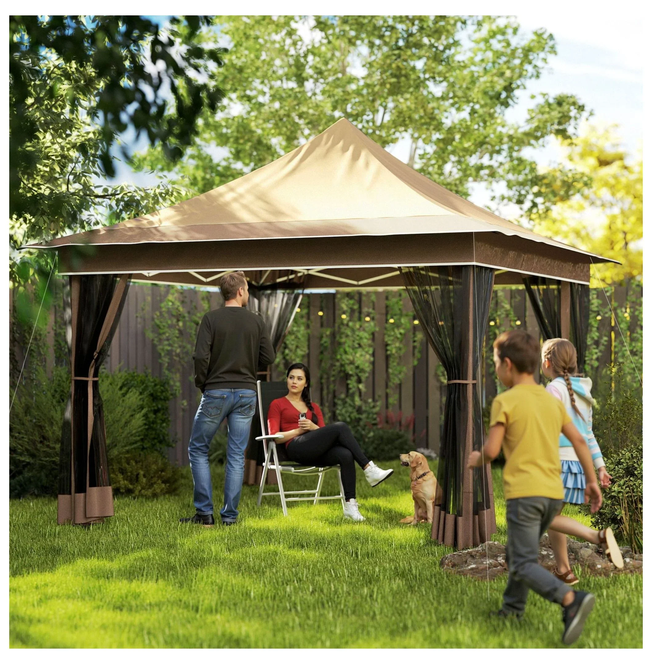 12x12 Canopy Tent with Mesh Netting, UPF 50+ Pop Up Gazebo, Beige - Patio Sun Shelter for Garden, Parties, Outdoor Events