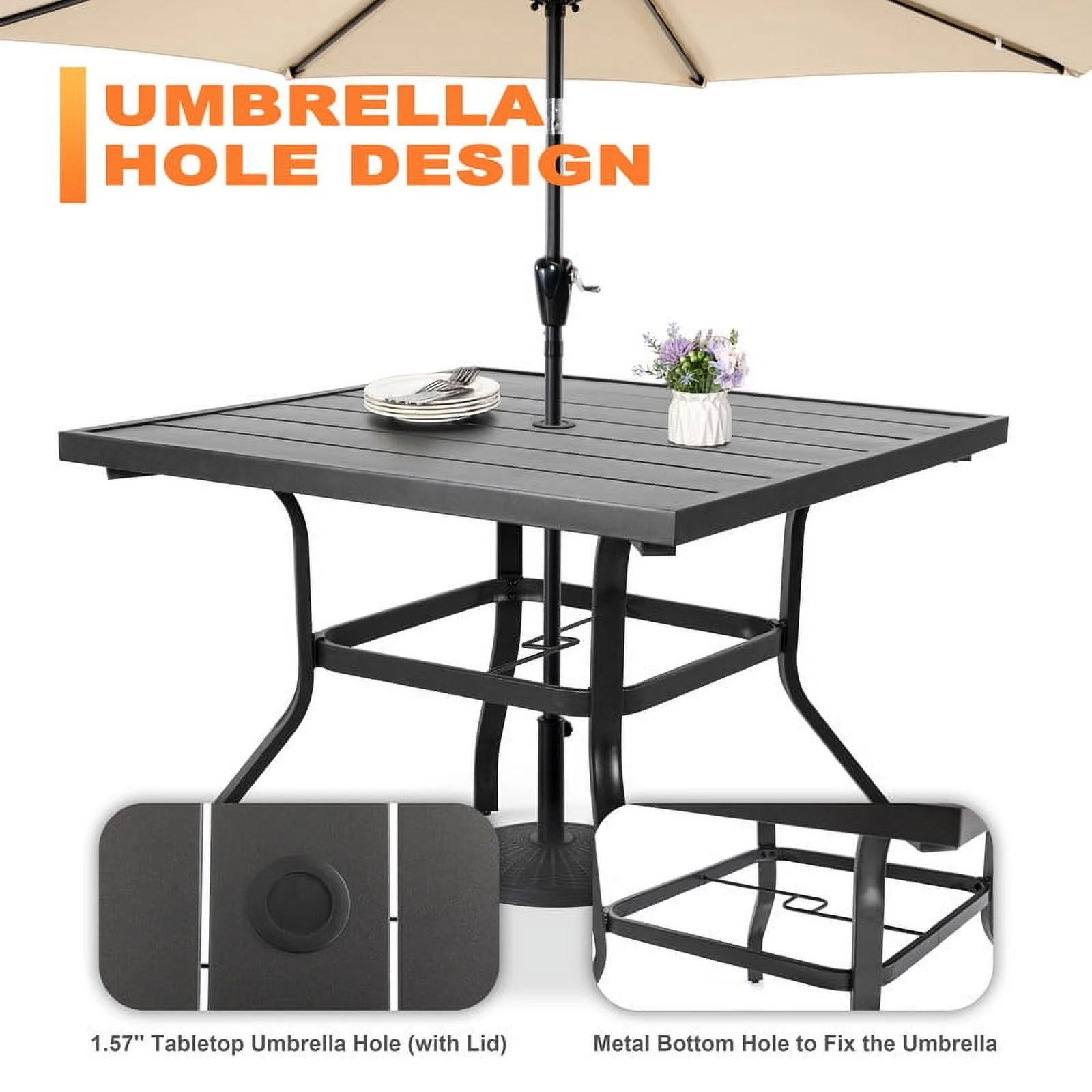 5 Piece Outdoor Patio Dining Set, Metal Patio Furniture Set 4 Textilene Swivel Chairs and 37" Square Iron Umbrella Dining Table,Black and Brown(4 Seats-37" Square Table) - Image 9