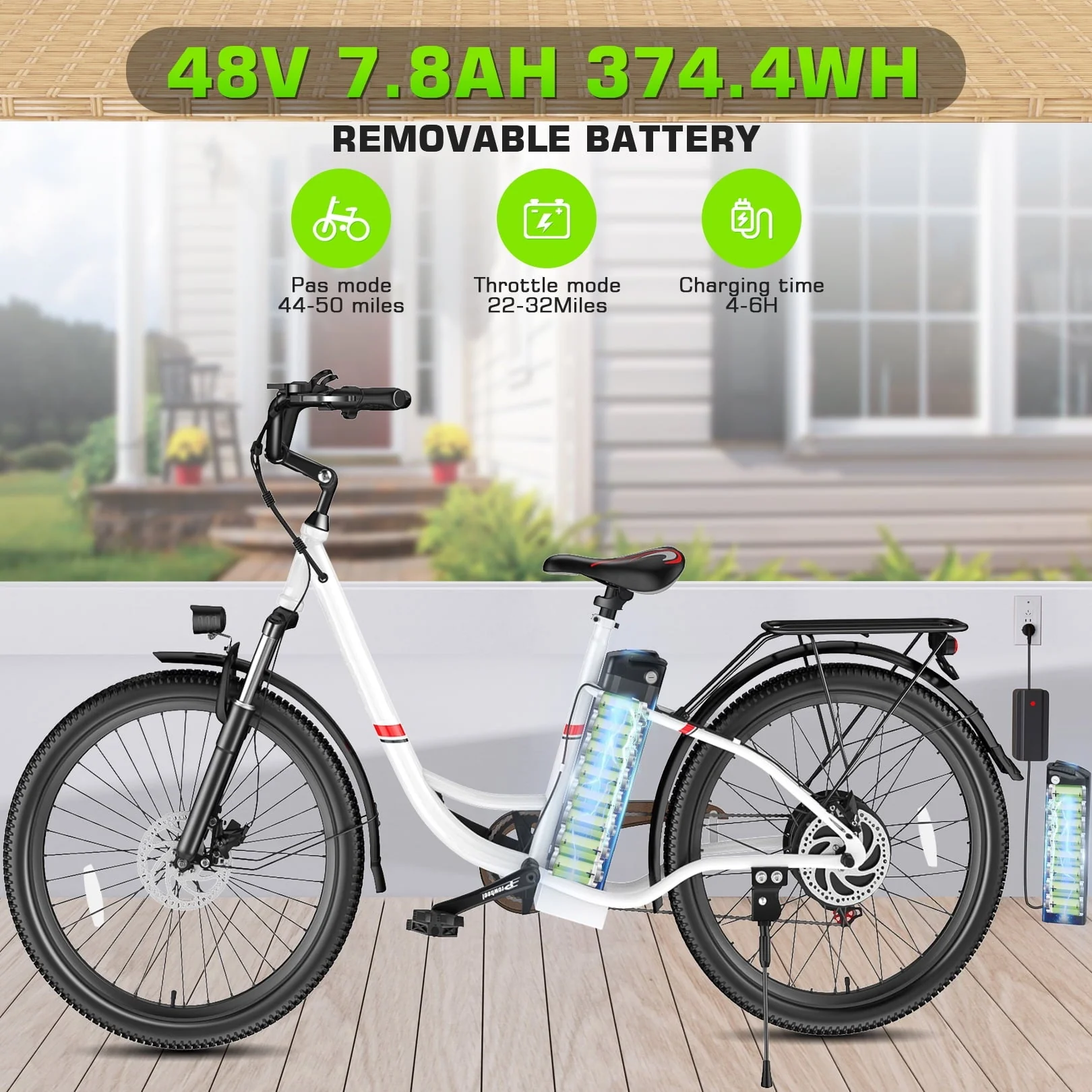 26" 500W Electric Bike for Adults, 48V 7.8Ah Removable Battery City Ebike Adult, Cruise Control Mode, Low-Step Thru Hybrid Electric Cruiser Bicycle, 7 Speed Commuter E-Bikes for Women - Image 4