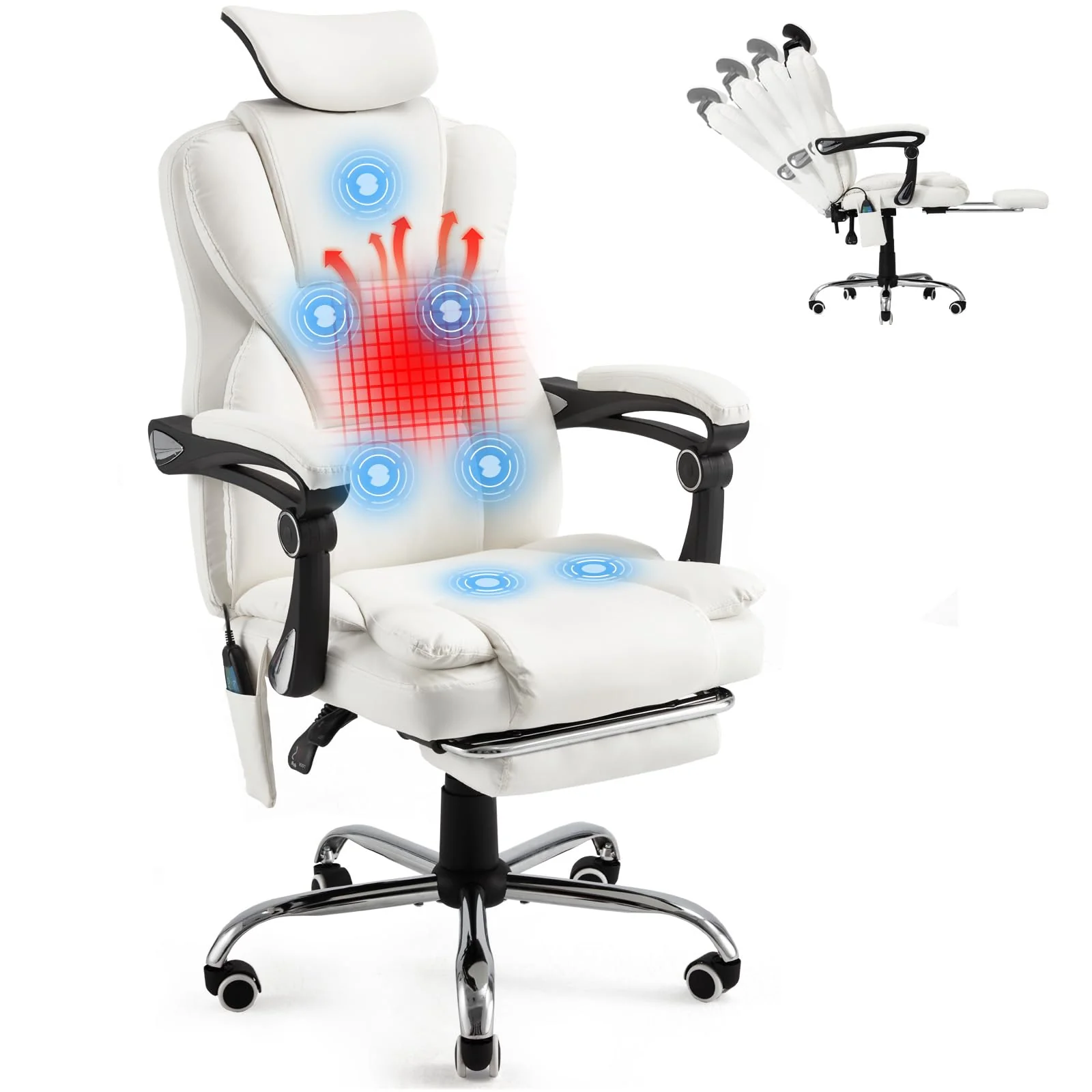AECOJOY Office Chair with 7 Points Vibration Massage&Heat, Adjustable Ergonomic Recliner, Cream White