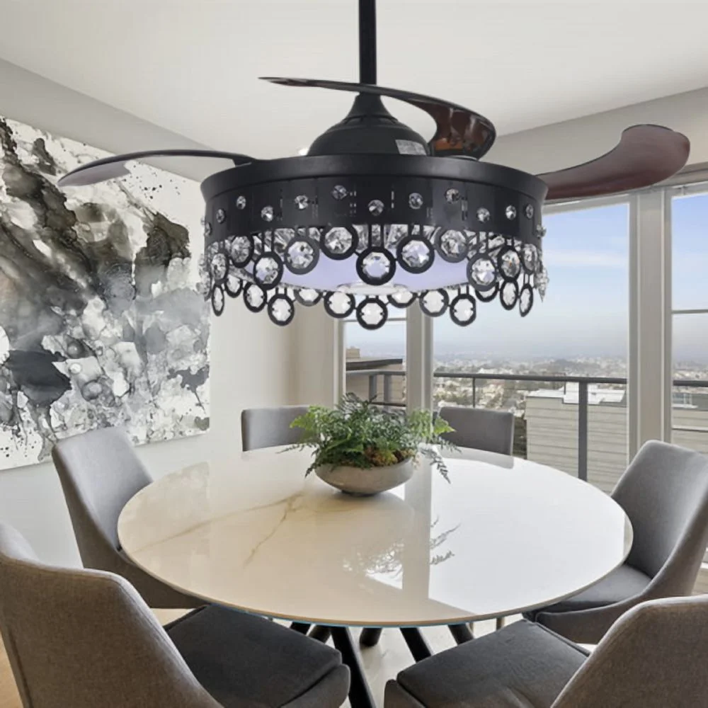 AFANQI 42" Black Modern Fandelier Ceiling Fan with Light Remote, Retractable Bluetooth Ceiling Fan with 7 Colors Silent Motor Crystal Chandelier