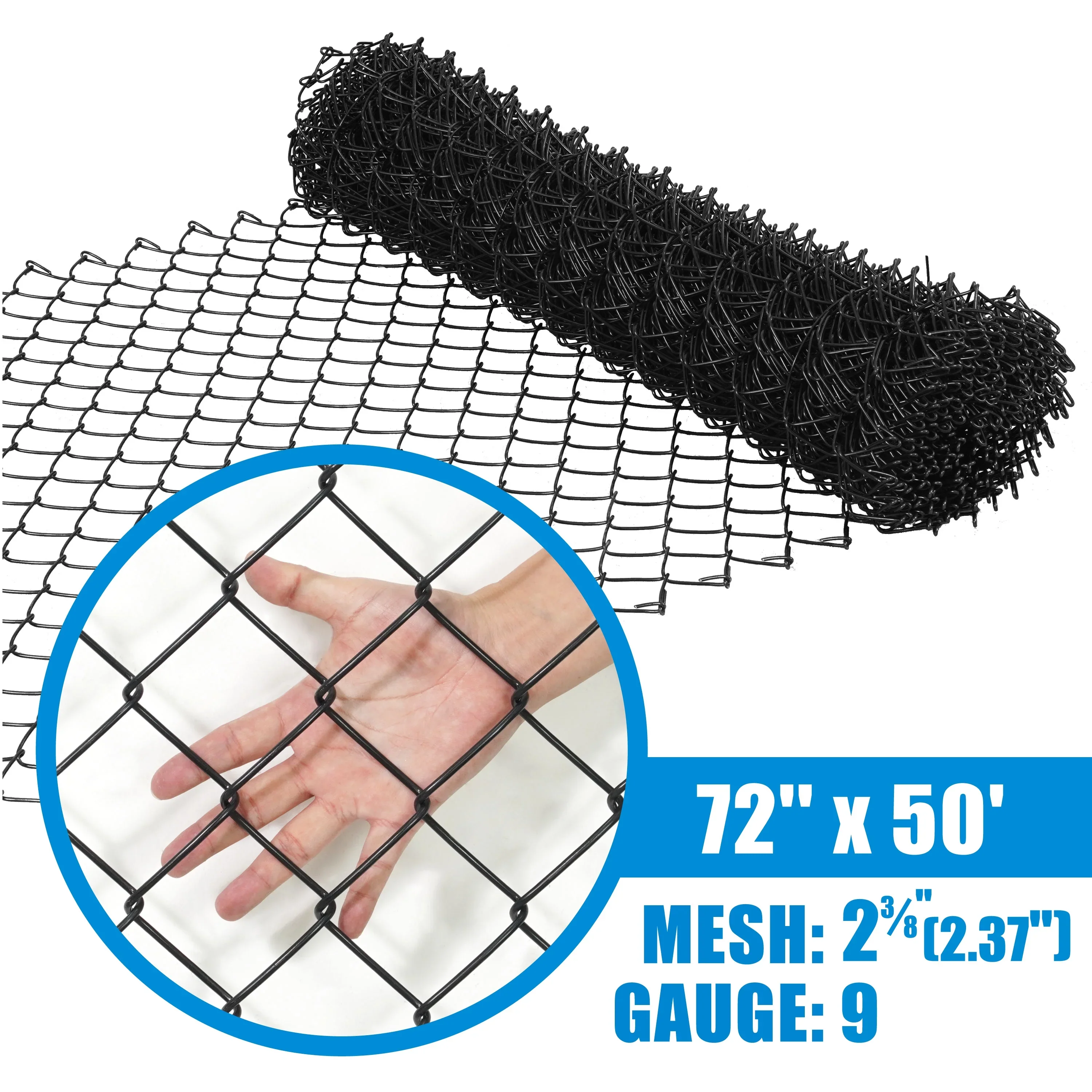 Fencer Wire 9 Gauge Black Vinyl Coated Galvanized Steel Chain Link Fence Fabric, Diamond Mesh Size 2-3/8 Inch, Galvanized Fencing Wire Roll for Garden and Animals Enclosure (6ft. x 50ft.)
