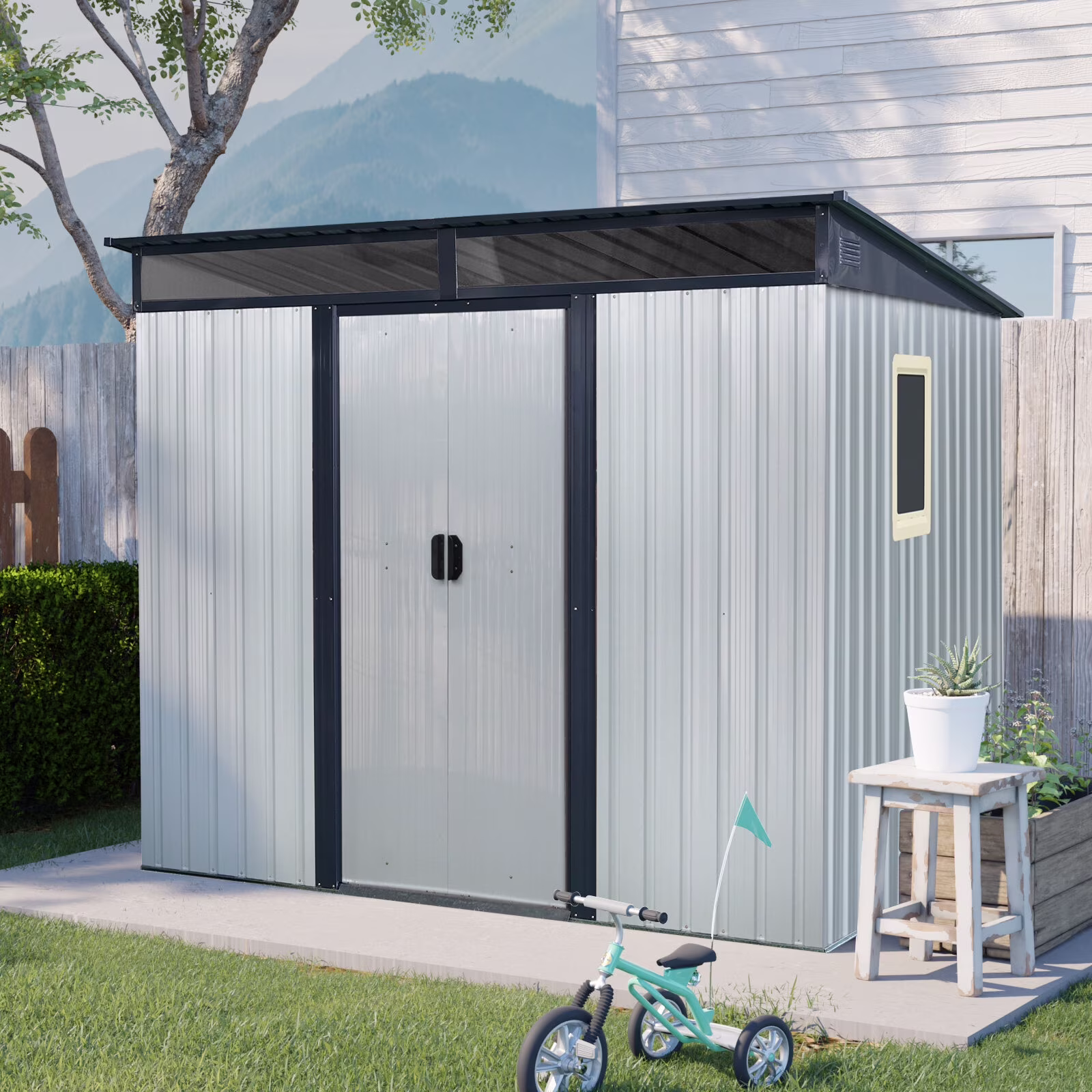 Garden Sheds 8 ft x 6 ft Outdoor Metal Storage Shed with Window and Transparent plate for Garden, Lawn (White and Black),Outdoor Sheds