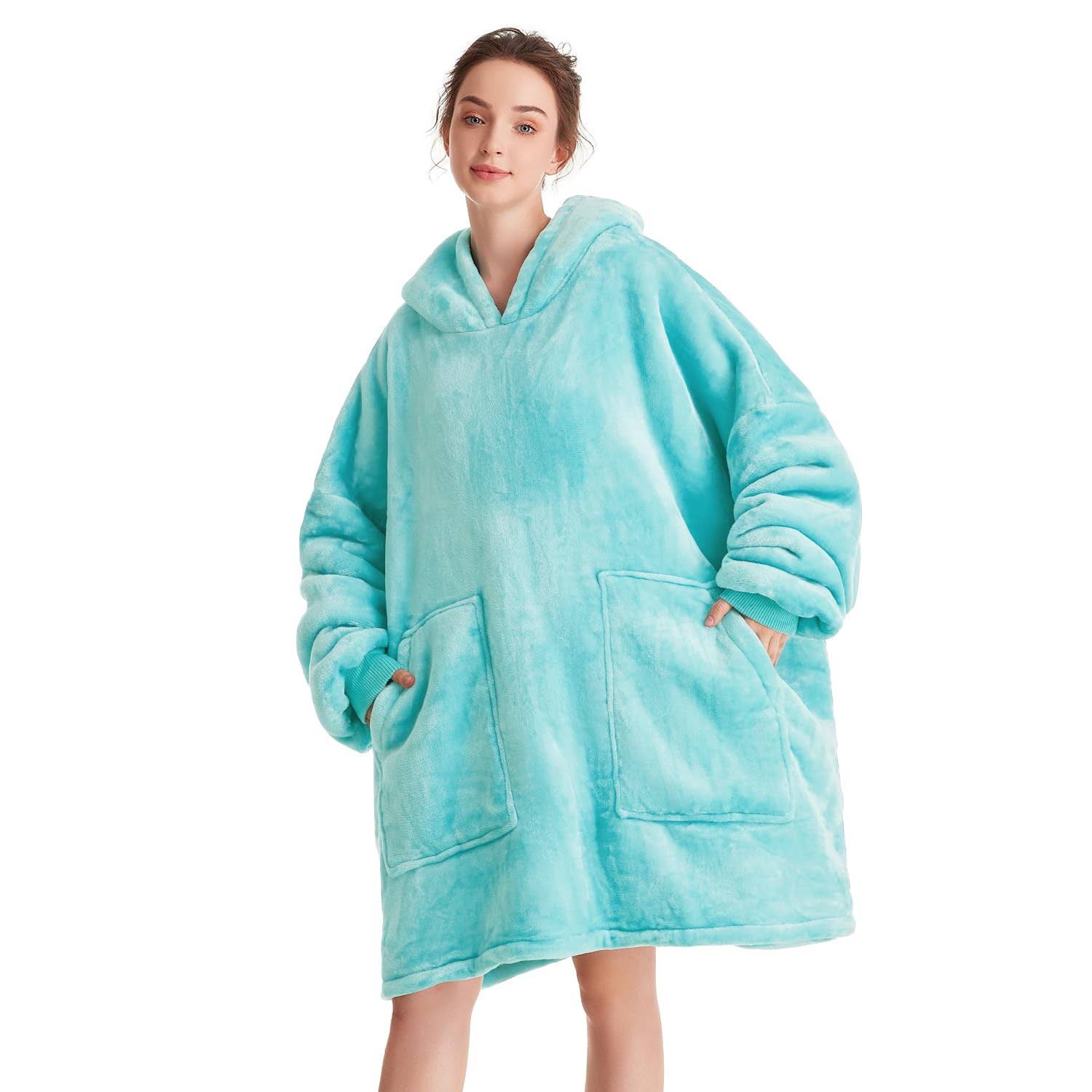 Aemicion Oversized Wearable Blanket hoodie,thick Cozy Sherpa Sweatshirt Blanket As Gift for Women Men-Teal