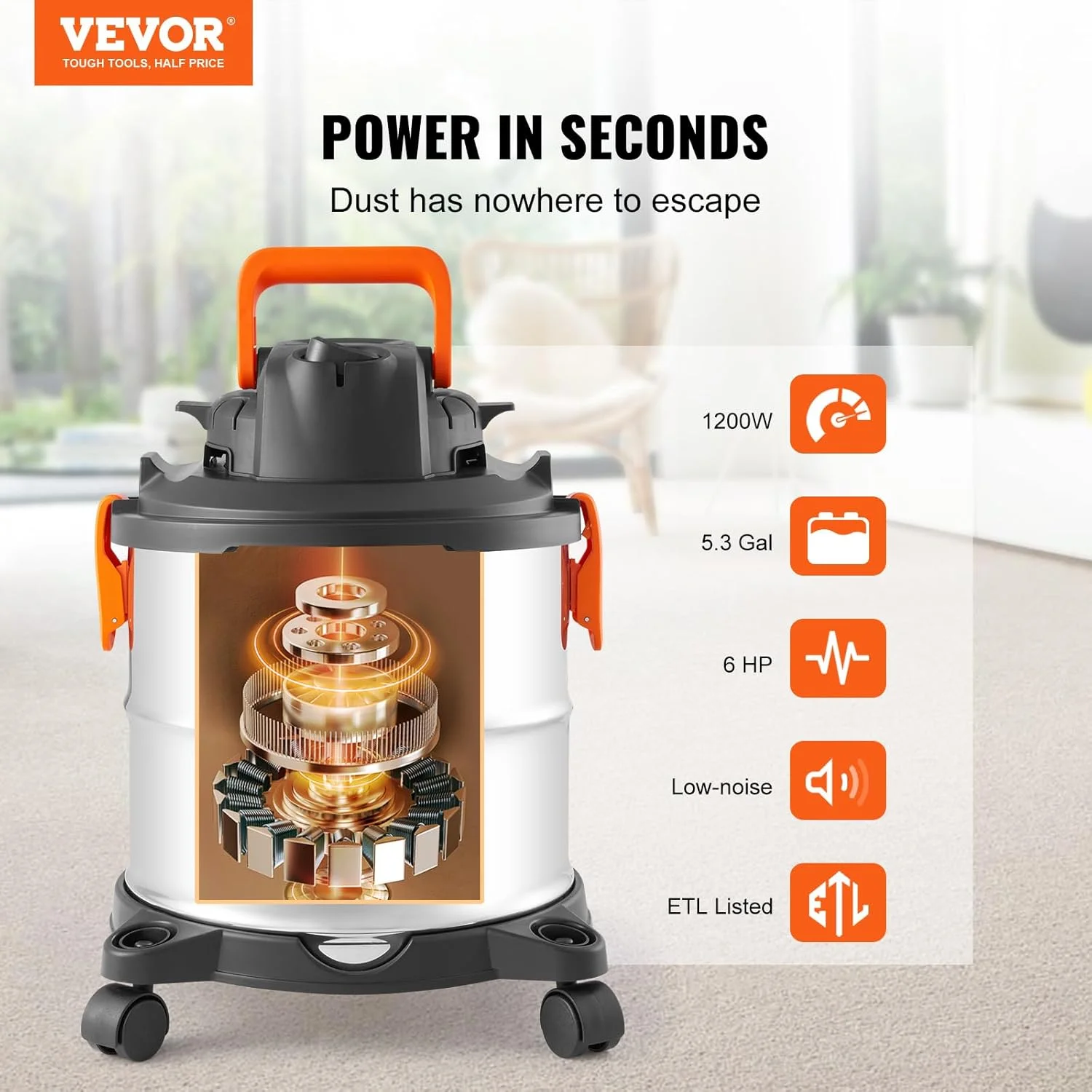 Stainless Steel Wet Dry Shop Vacuum, 5.5 Gallon 6 Peak HP Wet/Dry Vac, Powerful Suction with Blower Function w/Attachment 2-in-1 Crevice Nozzle, Small Vac Perfect for Carpet Debris, Pet Hair - Image 4