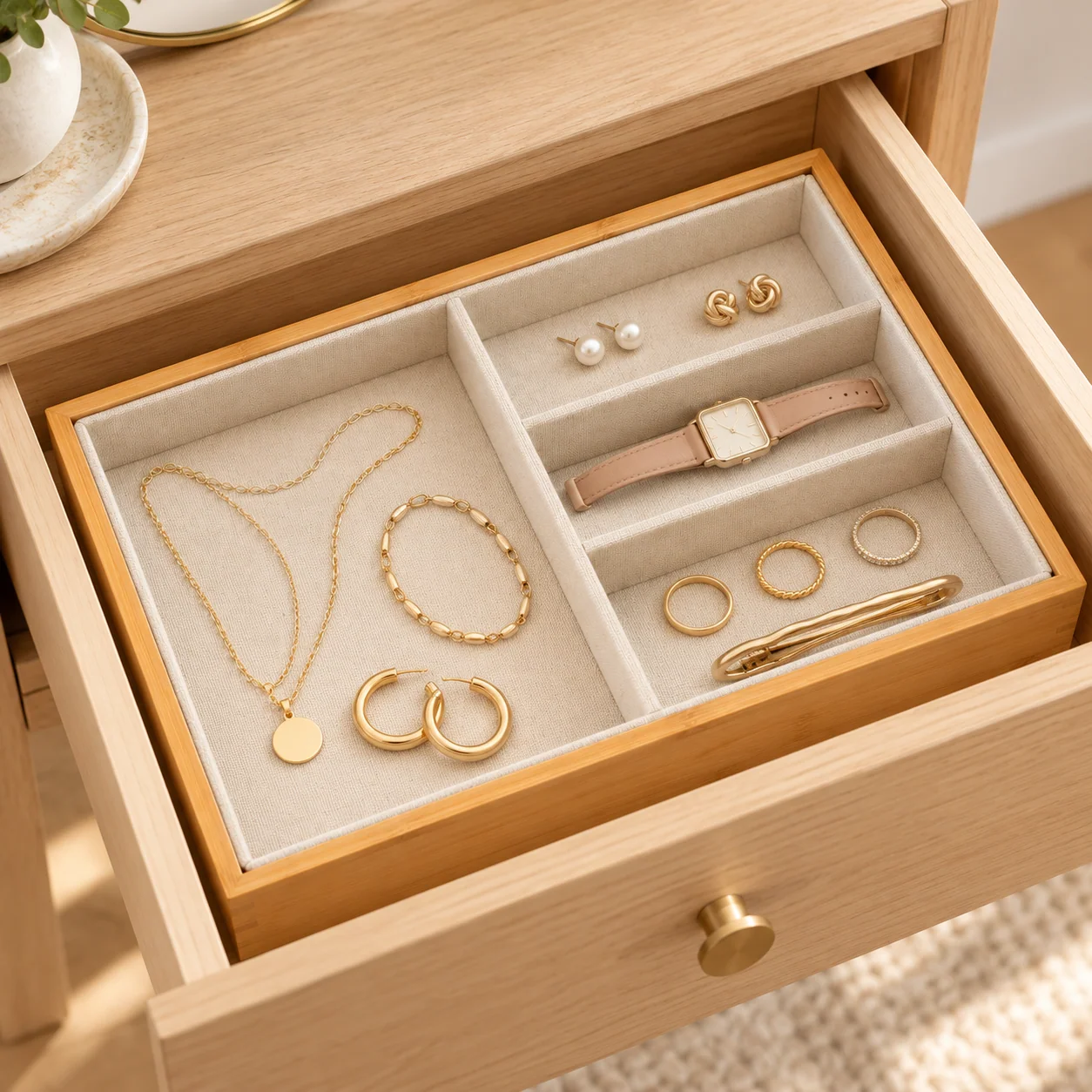 Bamboo Jewelry Drawer Tray with Removable Liner