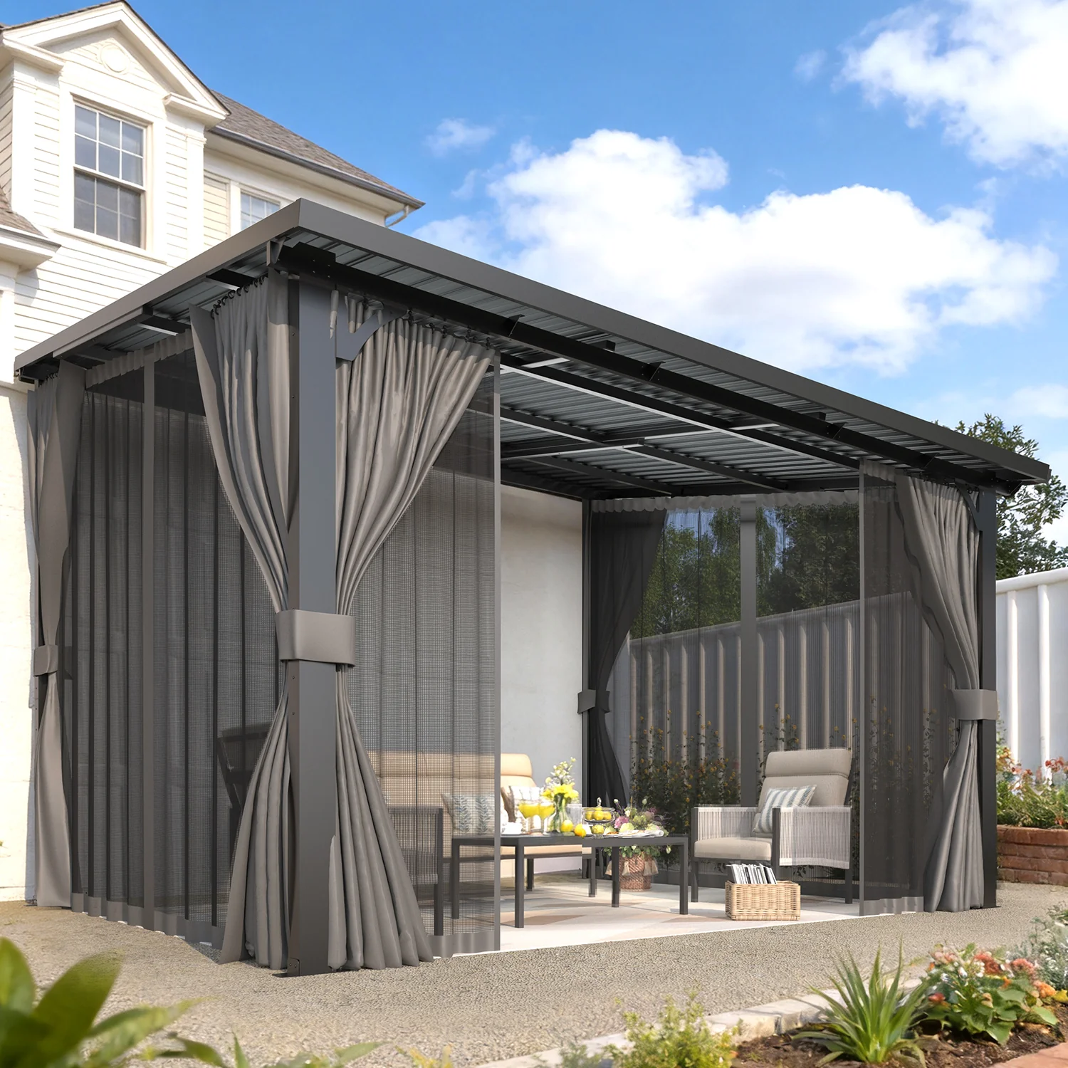 AECOJOY 12'x10' Outdoor Hardtop Metal Gazebo with Curtain and Netting