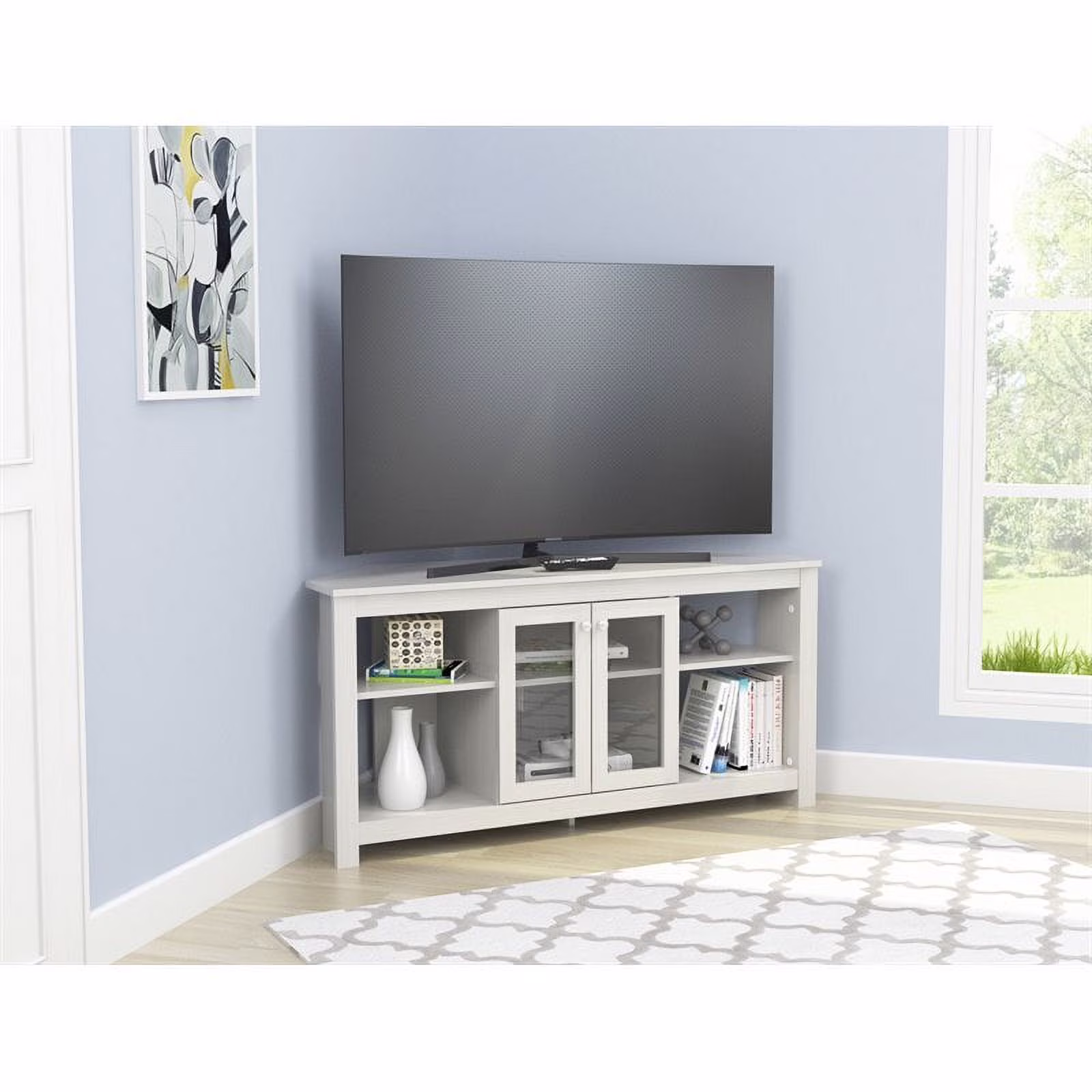 Corner Laminate 60�� TV Stand with Glass Doors, White(Washed Oak)