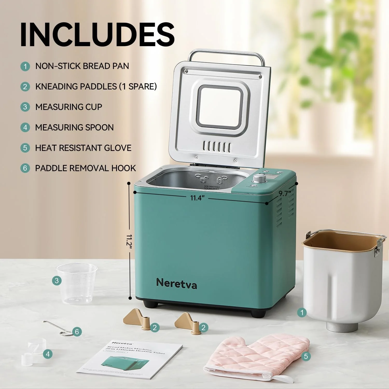 Machine à pain Neretva 20 en 1, 900 g, double résistance, automatique, cuve en céramique antiadhésive, minuterie 15 h et fonction maintien au chaud 1 h, silencieuse, en acier inoxydable, coloris vert.