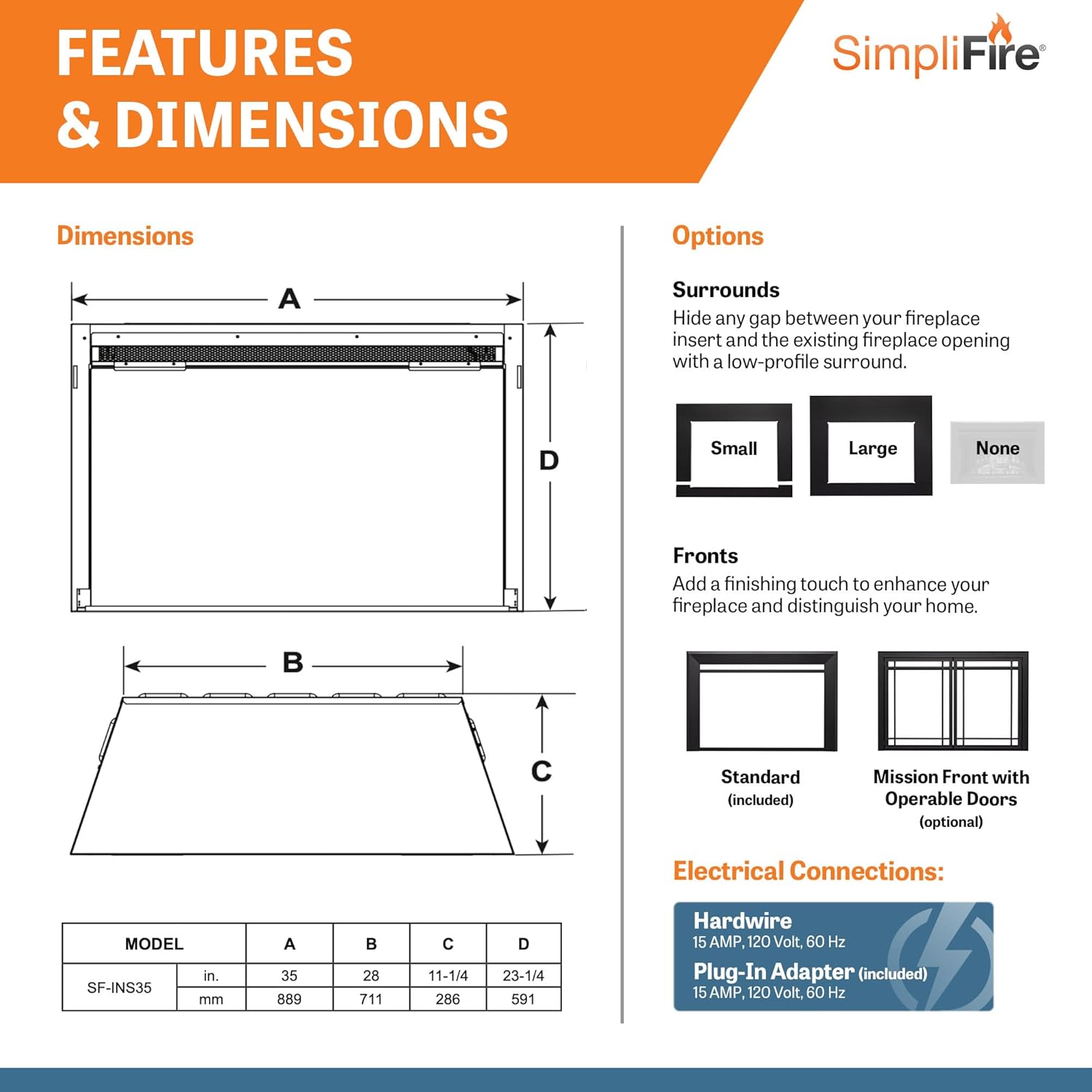 SimpliFire 35-Inch Electric Fireplace Insert, Large Black Surround, 44