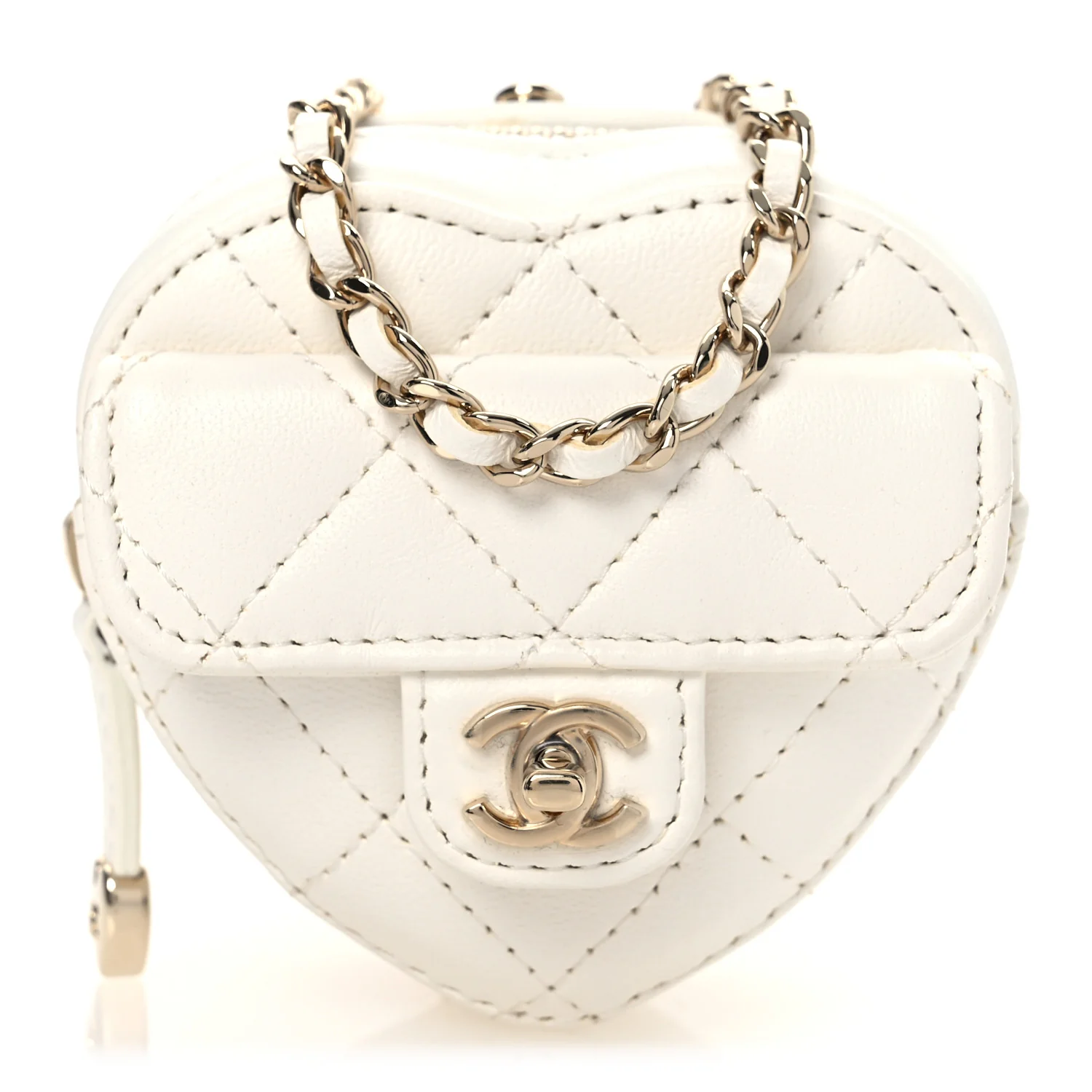 Lambskin Quilted CC In Love Heart Coin Purse With Chain White