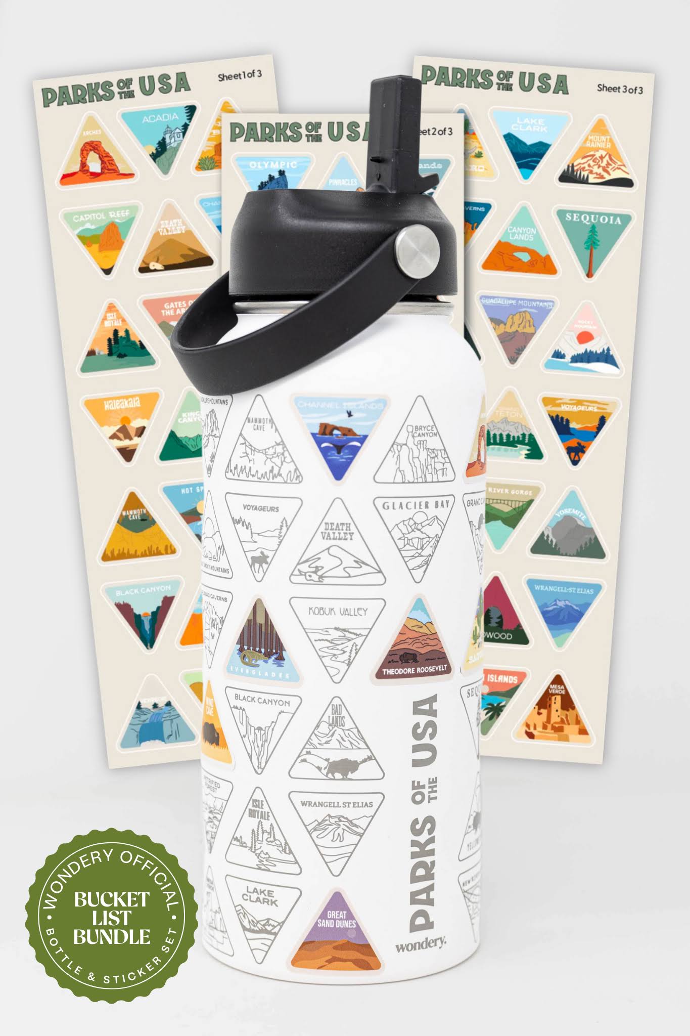 Wondery Parks of The USA Bucket List Water Bottle White