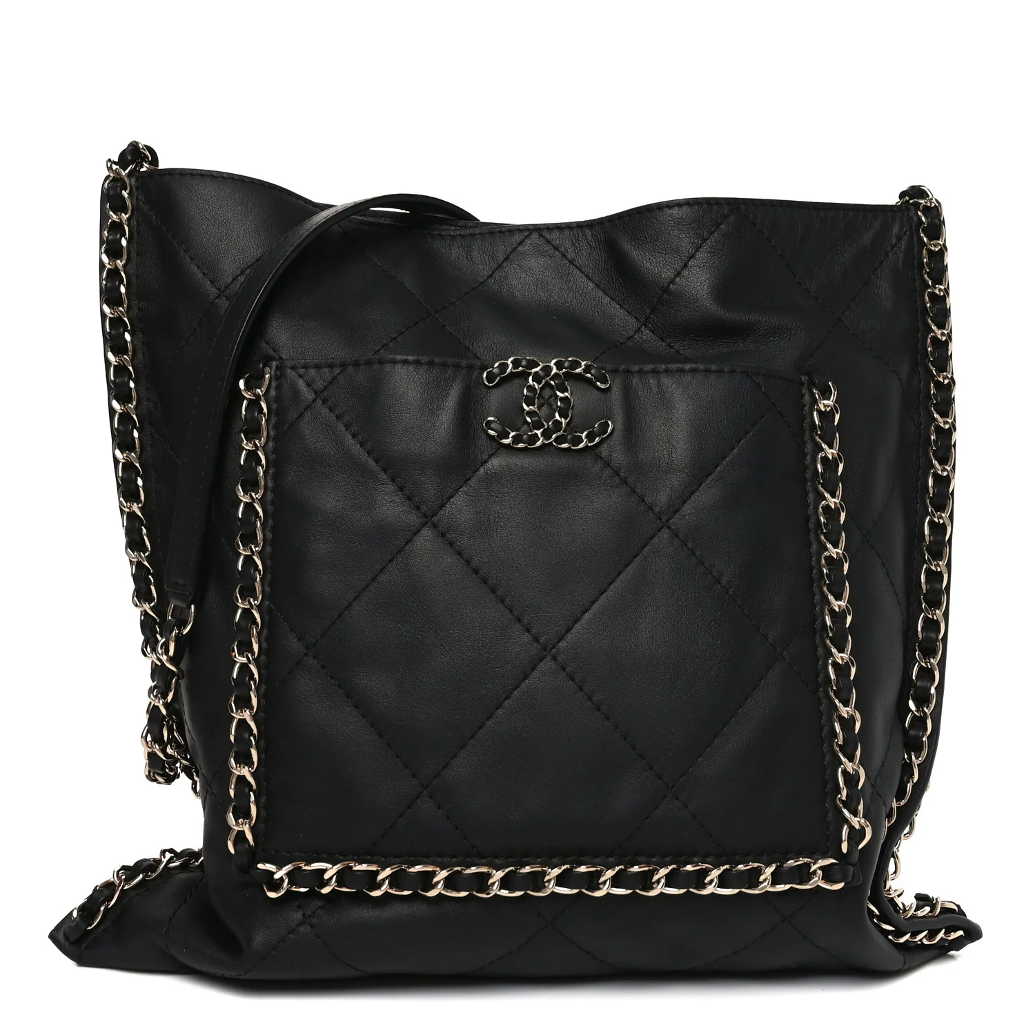 Calfskin Quilted Chain Flat Tote Black