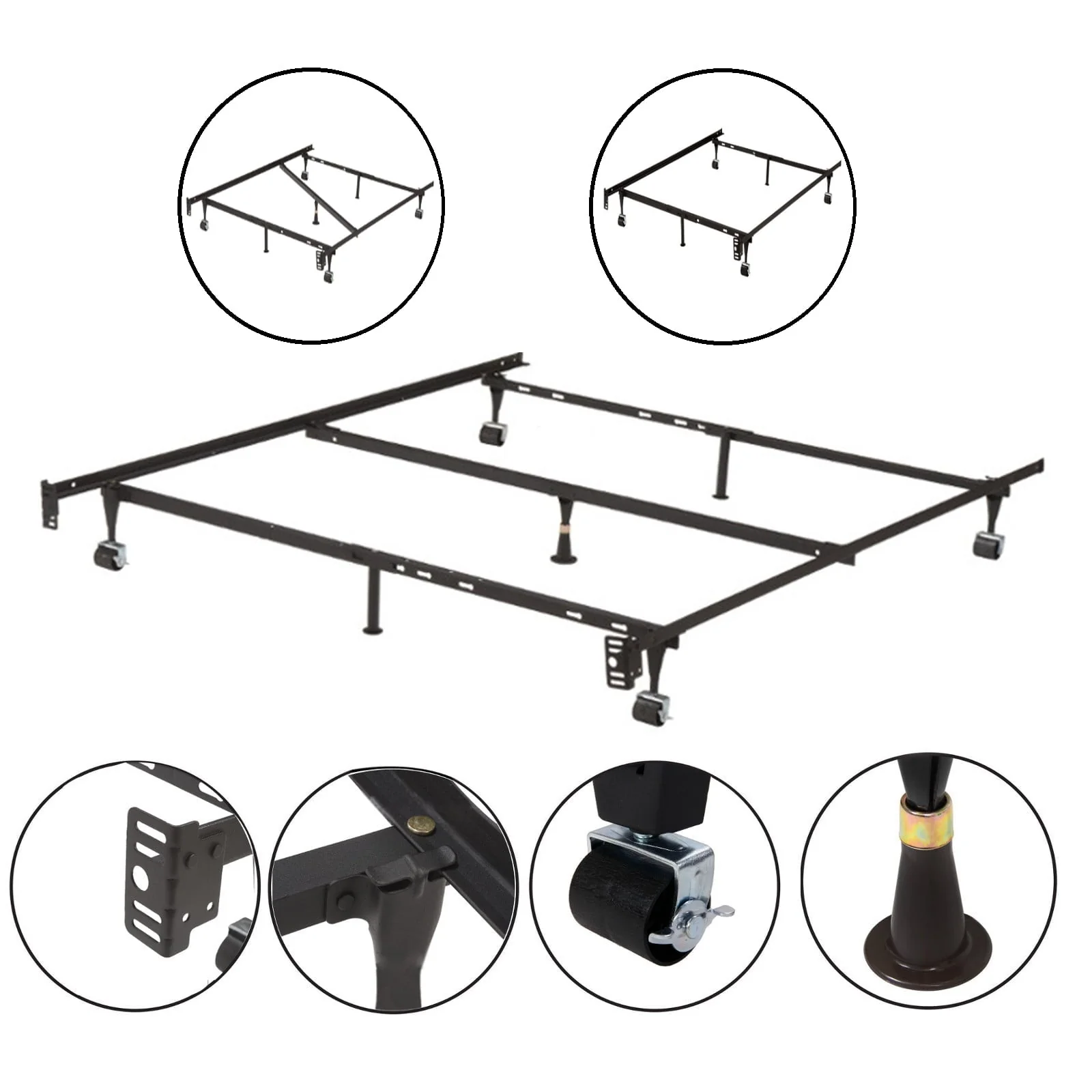 Pilaster Designs - 7 - Leg Heavy Duty Adjustable Metal Bed Frame with Center Support Rug Rollers and Locking Wheels, Queen/Full/Full XL/Twin/Twin XL