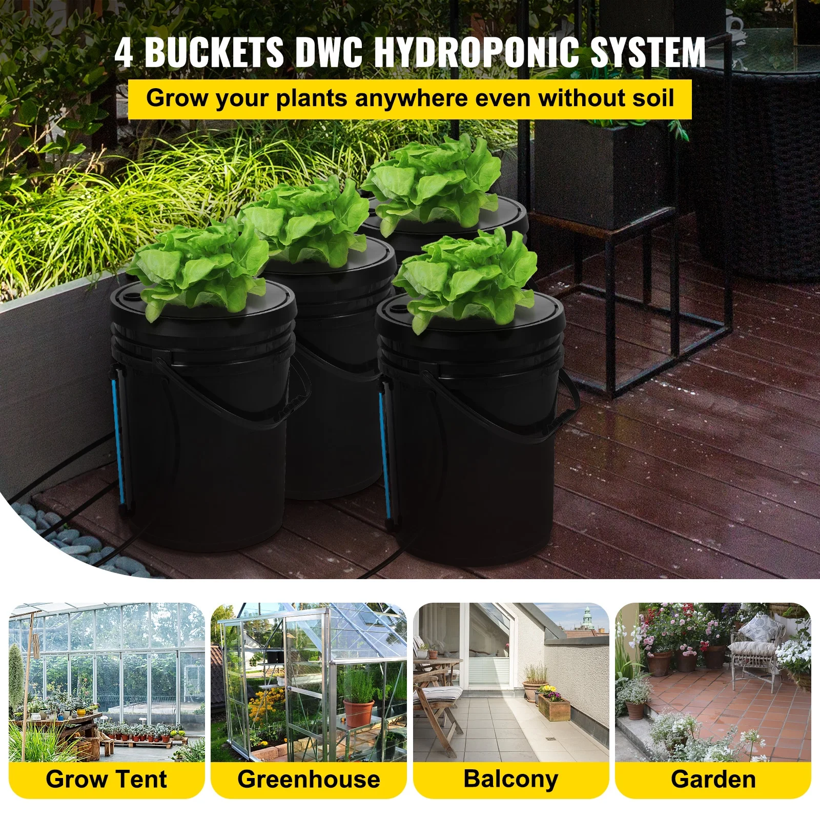 KFFKFF 5 Gallon 4 Buckets DWC Hydroponic System Deep Water Culture Growing Bucket, Hydroponics Grow Kit with Pump