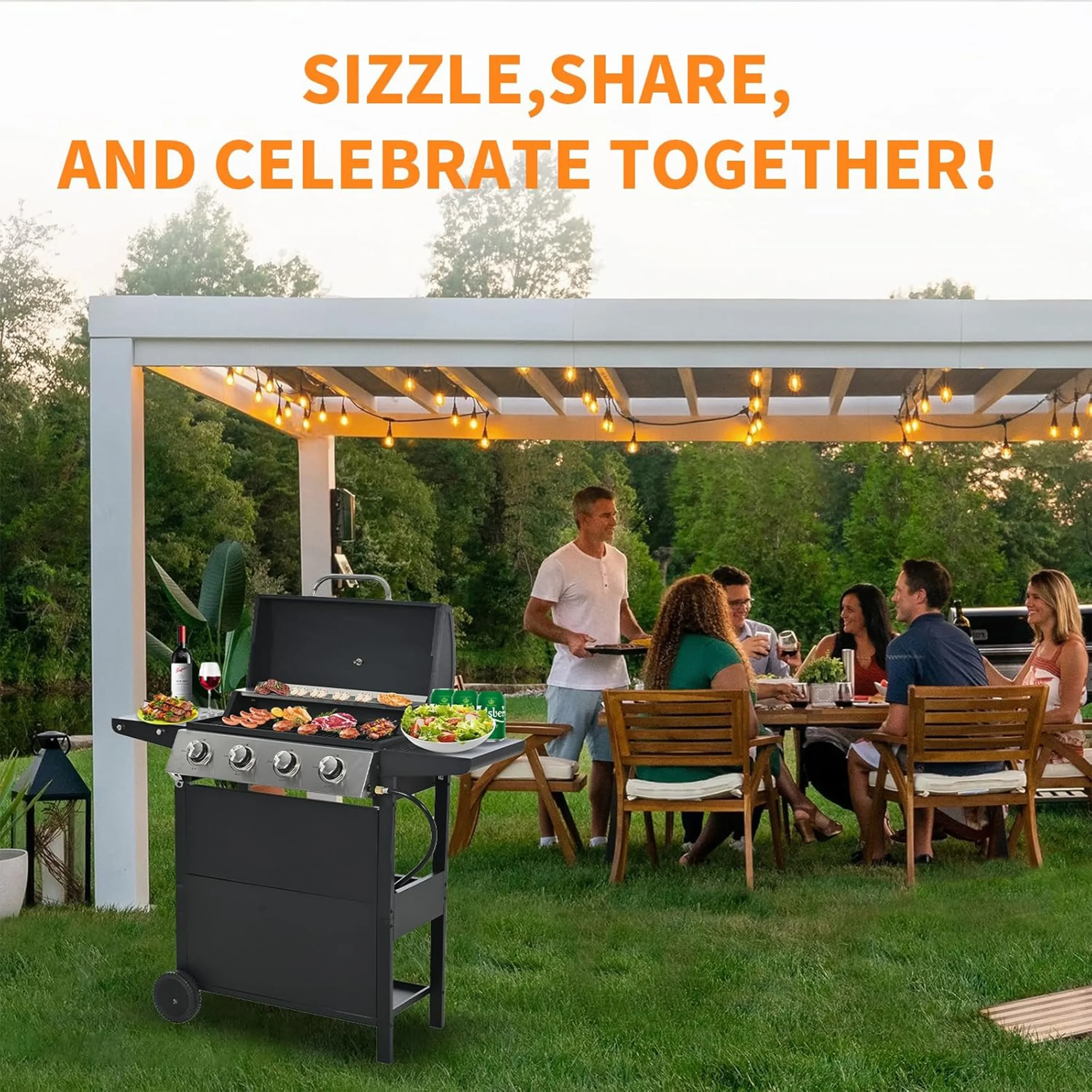 Furnibear 4 Burner BBQ Propane Gas Grill, Stainless Steel 34,000 BTU Patio Garden Barbecue Grill with Two Foldable Shelves