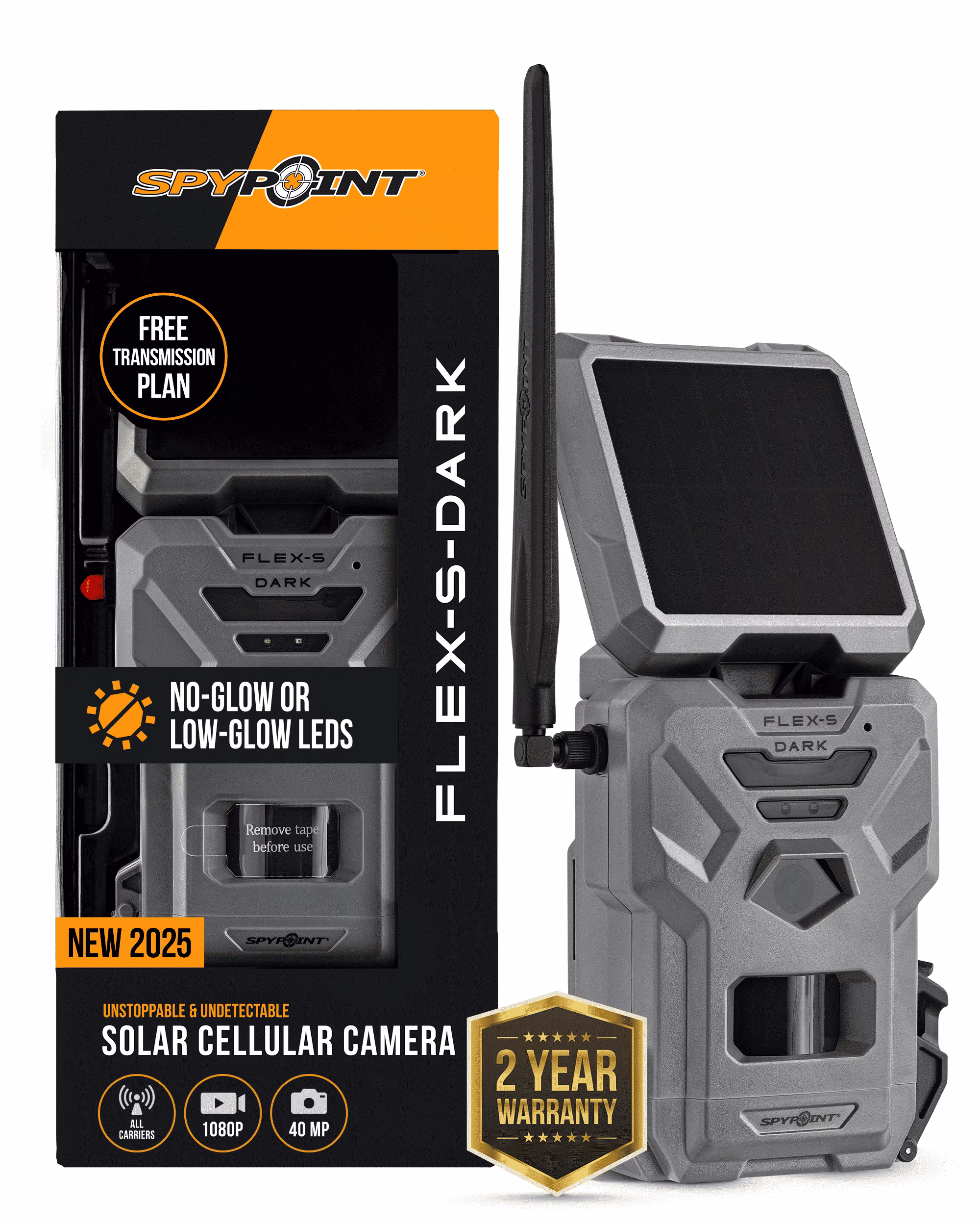 SPYPOINT Flex - S Dark Solar Outdoor Cellular Trail Camera - Integrated Solar Panel, No WiFi Needed, Night Vision Motion Activated, Dual - Sim LTE, 40MP Photos and 1080p W/Sound