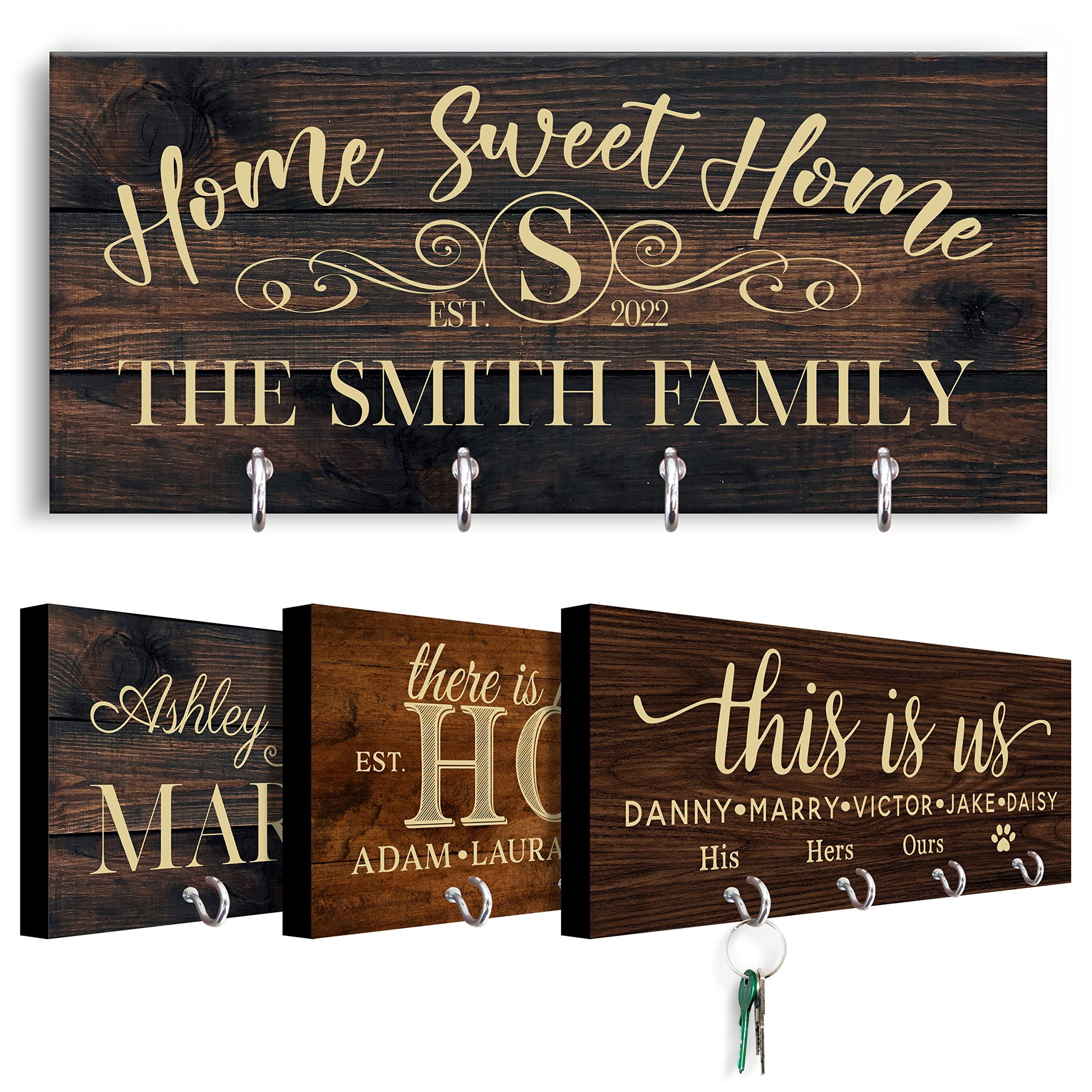 Personalized Key Holder for Wall - Custom Key Hanger with Family Name | 12 Designs, 8 Background Options | House Warming Presents for New Home, Weddin