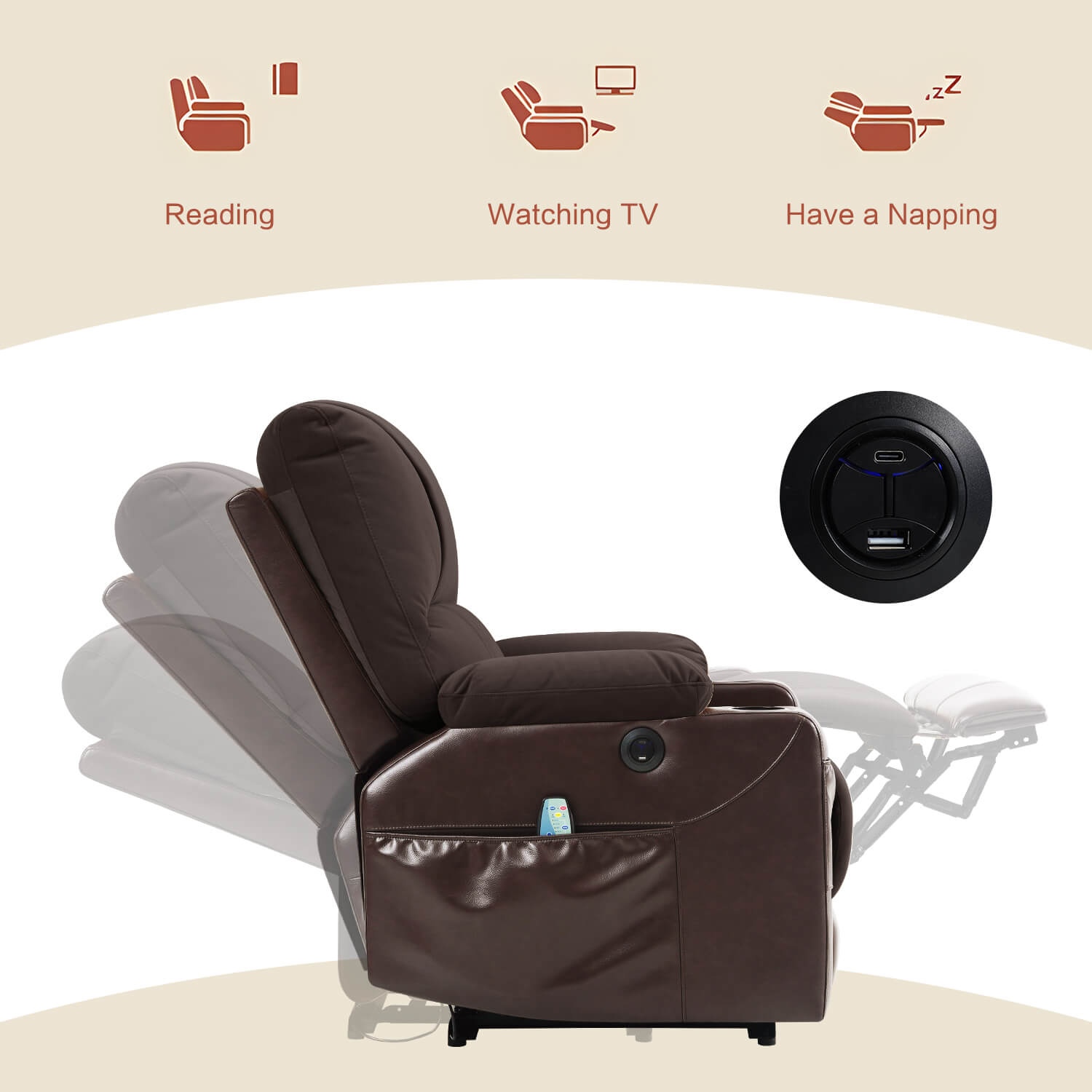 Fauteuil inclinable électrique avec chauffage et massage, format compact