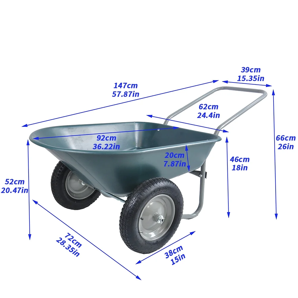 2-Wheeled Garden Wheelbarrow, Garden Two Wheeled Trolley With 2 Large 15 Inflatable Wheels, 300 Lbs Load Capacity Heavy Duty Garden Cart, for Lawn, Gardening, Grass (57.87 x 28.35 x 26  )