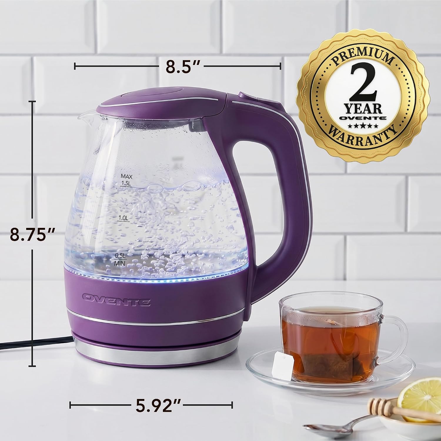 OVENTE 1.5L Glass Electric Kettle Water Boiler, Purple KG83P
