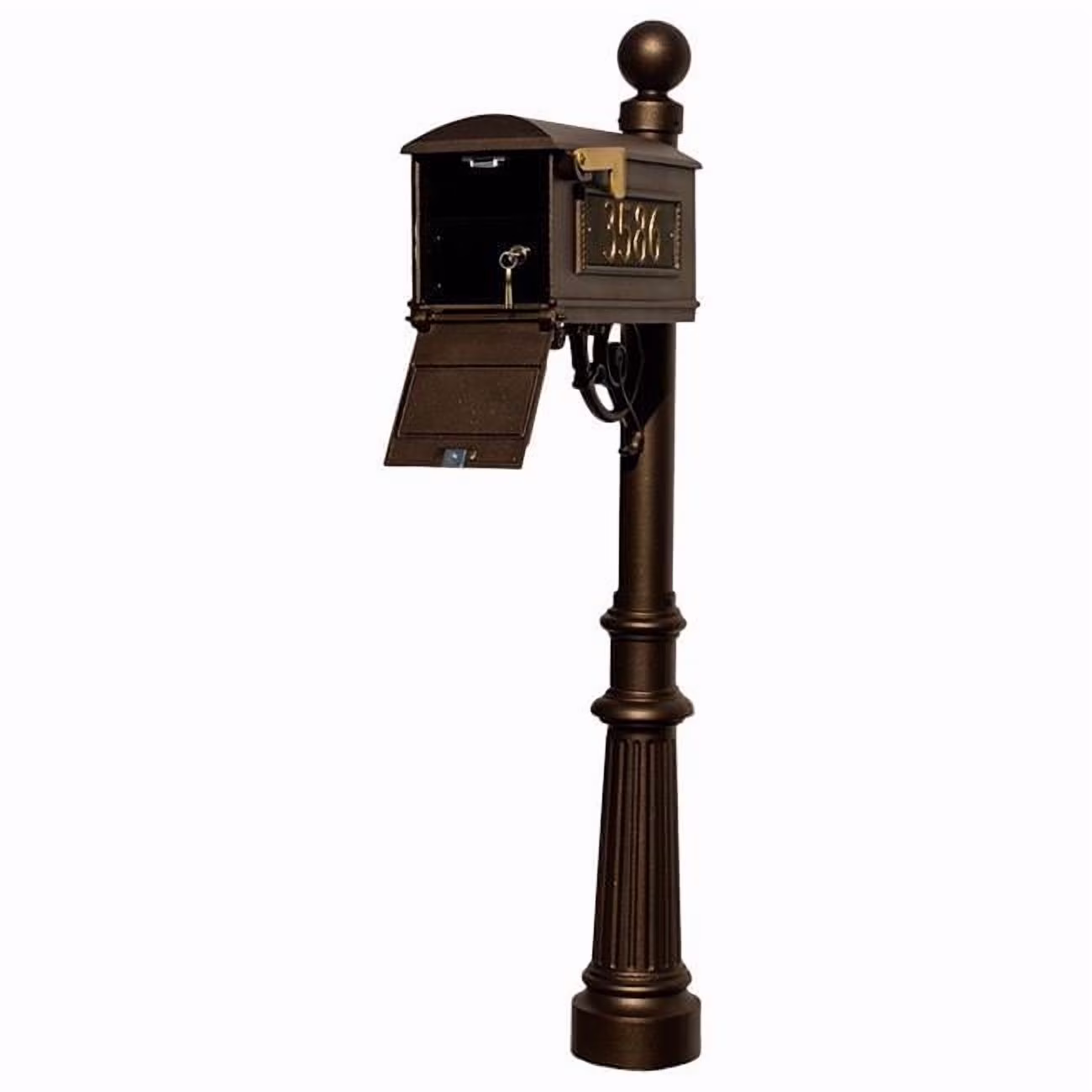 LMC-LKIT-804-BZ Mailbox Locking Insert Post System with Fluted Base, Ball Finial 3 Cast Plates Bronze(Bronze)