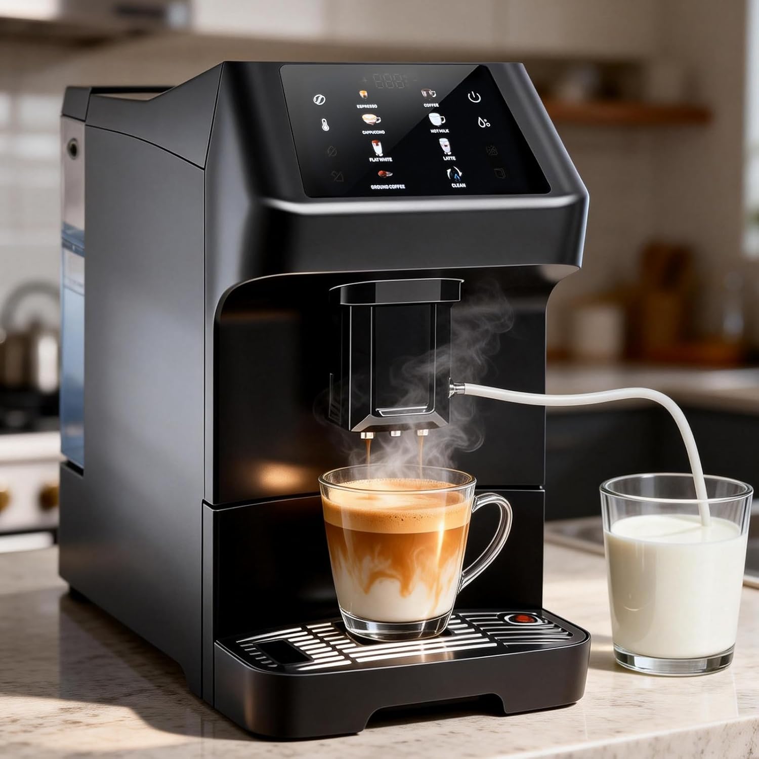 Automatic Espresso Coffee Machine with Grinder and Milk Frother, 19 Bar Pressure Extraction, Auto Cleaning & Descaling Function - for Latte, Cappuccino, Americano, Flat White, Iced & Hot Coffee