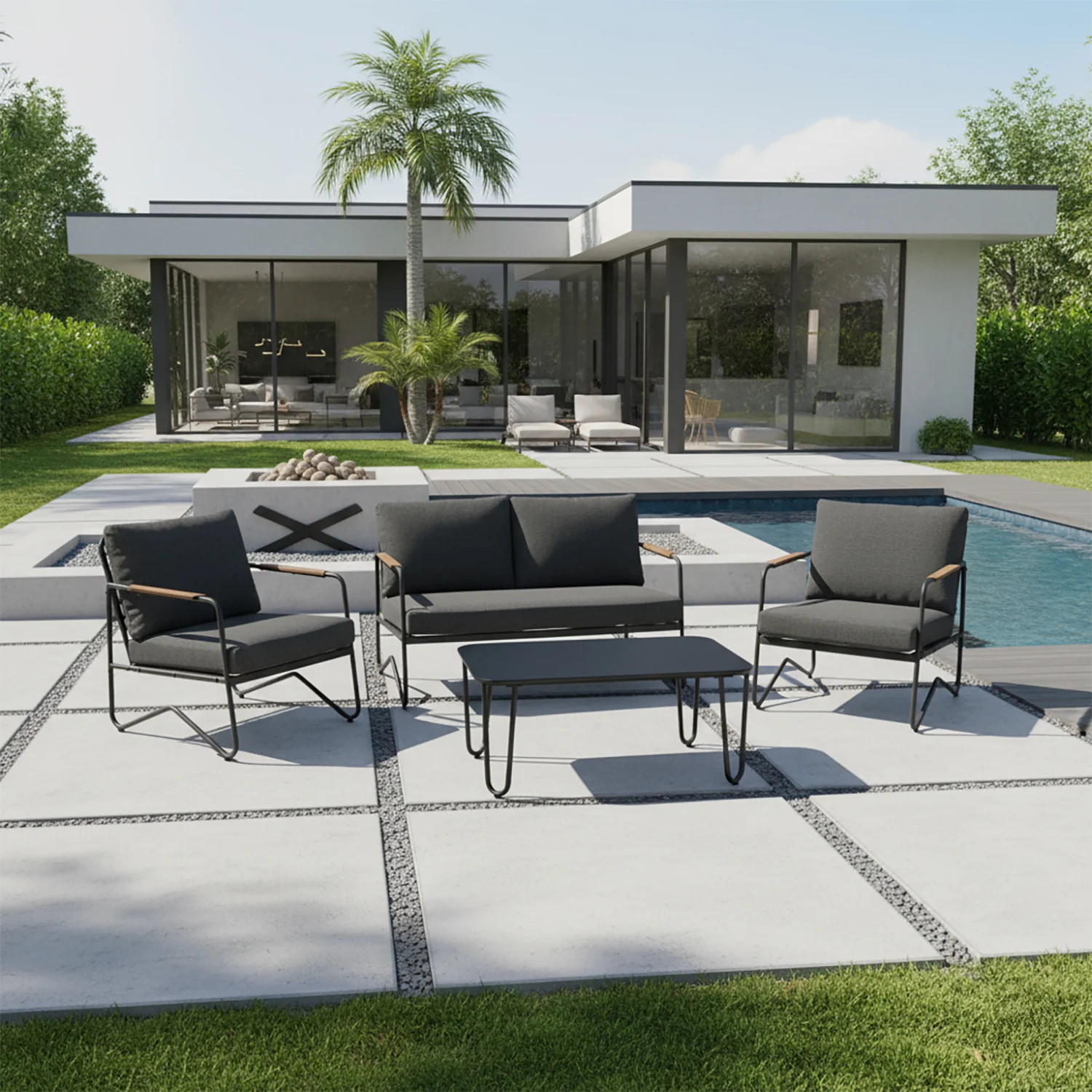 VESTIAMO CASA GIARDINO - Set da giardino 4 pezzi Struttura in Acciaio Antracite, braccioli con finitura effetto legno e Top in Vetro Temperato, cuscini inclusi
