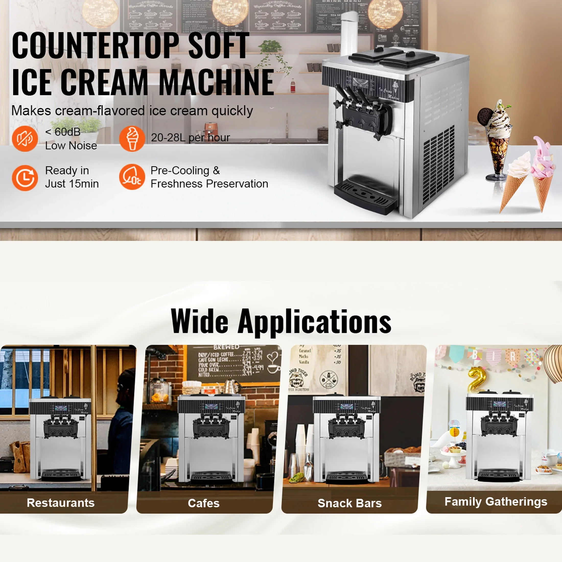 SIHAO 1200W Commercial Ice Cream Machine Countertop 18L/H Soft Serve Ice Cream Maker with LED Display