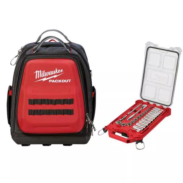 Sac à dos PACKOUT de 15 pouces et ensemble d'outils de mécanicien avec cliquet et douilles SAE à entraînement 3/8 po et étui PACKOUT (28 pièces)