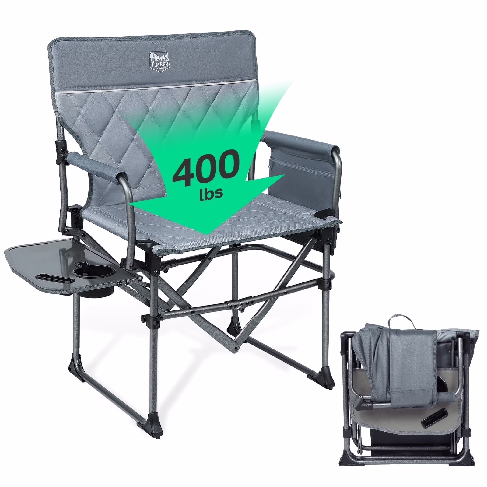 TIMBER RIDGE Portable Director Chair, Heavy Duty Camping Folding Chair with Compact Size with Side Pocket and Side Table, Support 400 lbs, Grey(1/Gray)