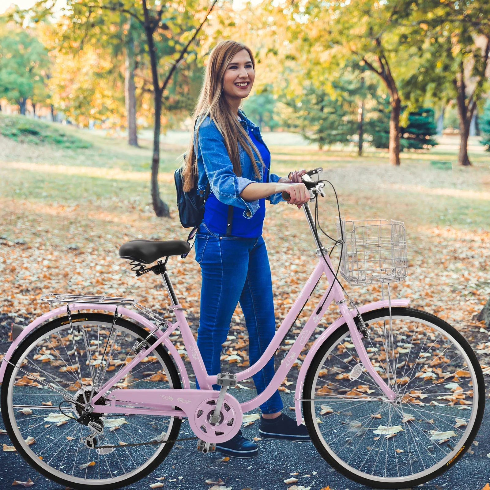 26in Urban Commuter City Bike, 7 Speed Adult Road Bicycle, Pink(Pink) - Image 9