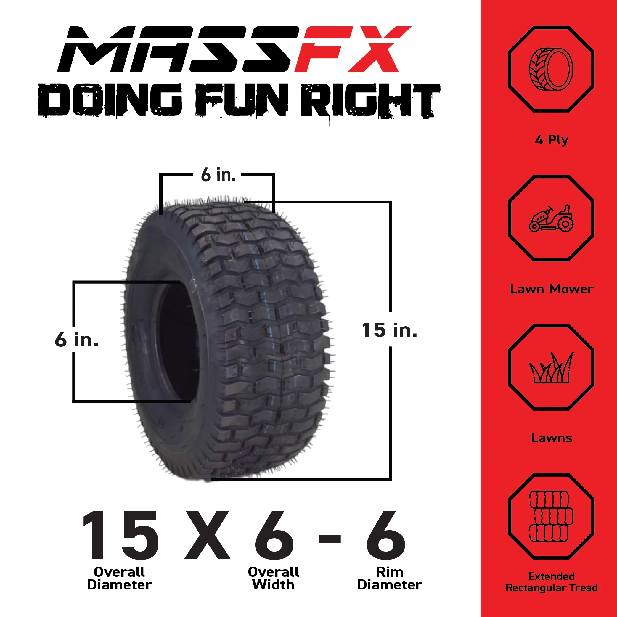 MASSFX 15x6 - 6 Front (2) & 20x8 - 8 Rear (2) Tire Set for Turf & Lawn Use (4 - Pack)